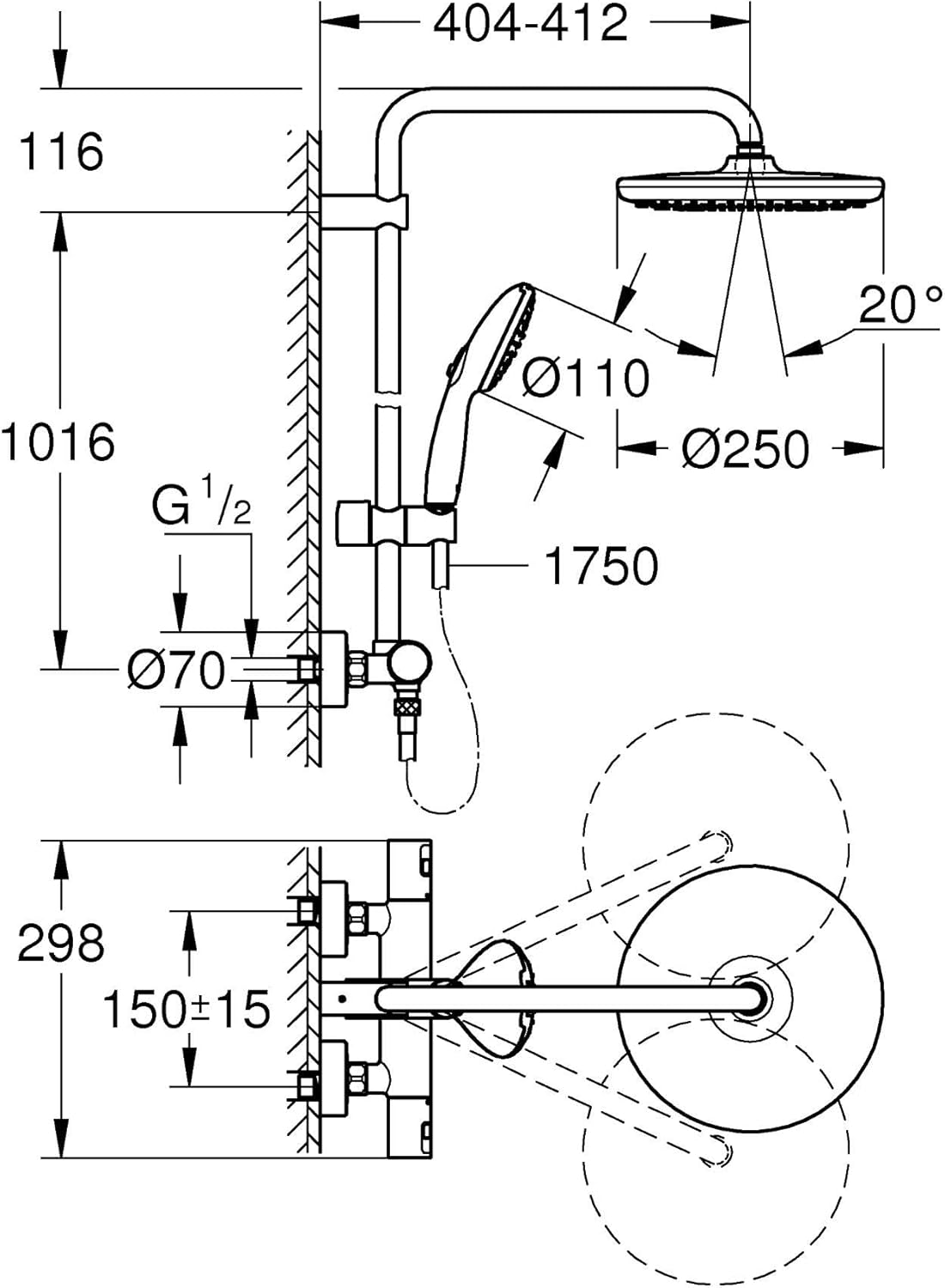Grohe - Vitalio Start System 250, Colonne de Douche avec Mitigeur Thermostatique, Douchette Vitalio Start 110 2 jets, Flexible 1,75m, Chromé, 26677001