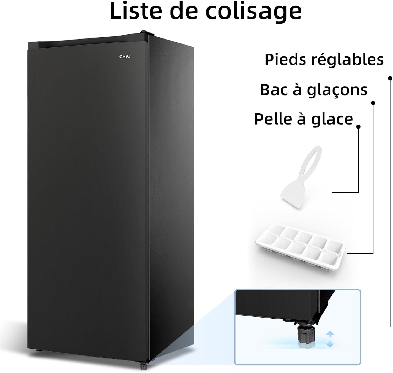 CHiQ Congélateur armoire CSD208D4E – 177L, Congélation 4 étoiles, Ultra silencieux (39 dB), Design en acier noir, Pieds réglables, Porte réversible 540 x 550 x 1440 mm