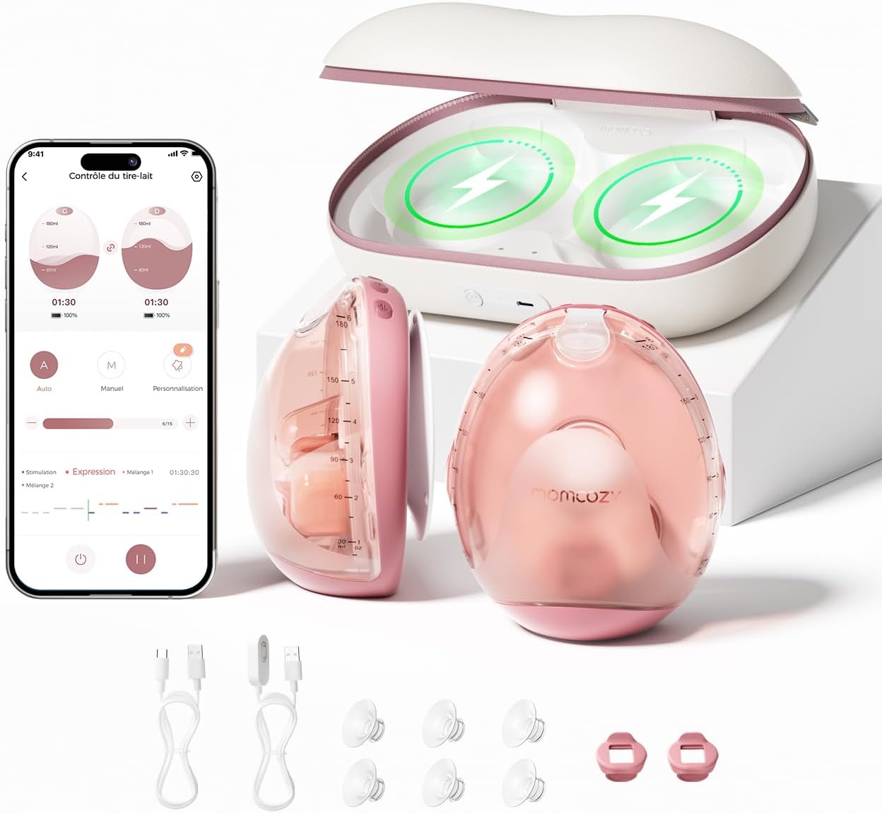Momcozy Air 1 Tire-Lait Ultra-Fin, Tire-Lait Portable Mains Libres avec Étage de Chargement sans Fil & Contrôle par Application avec Mode Auto & Alerte de Remplissage, Dessus Transparent