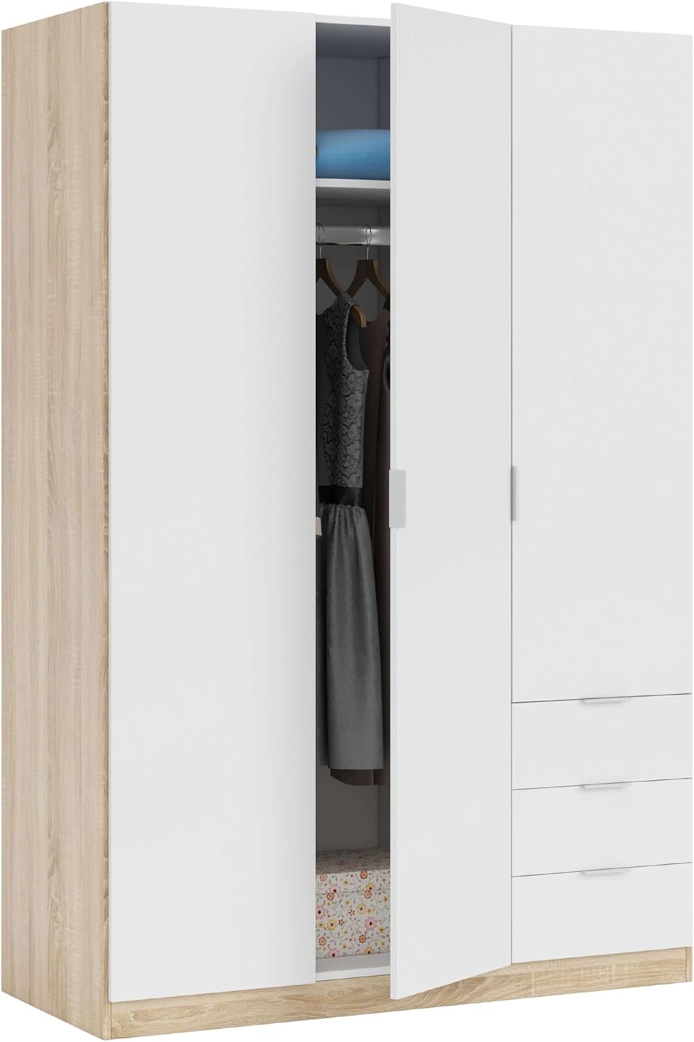 Habitdesign Armoire penderie 3 portes et 3 tiroirs, 121 x 180 x 52 cm (H x l x P) Couleur chêne canadien et Blanc « Artik »