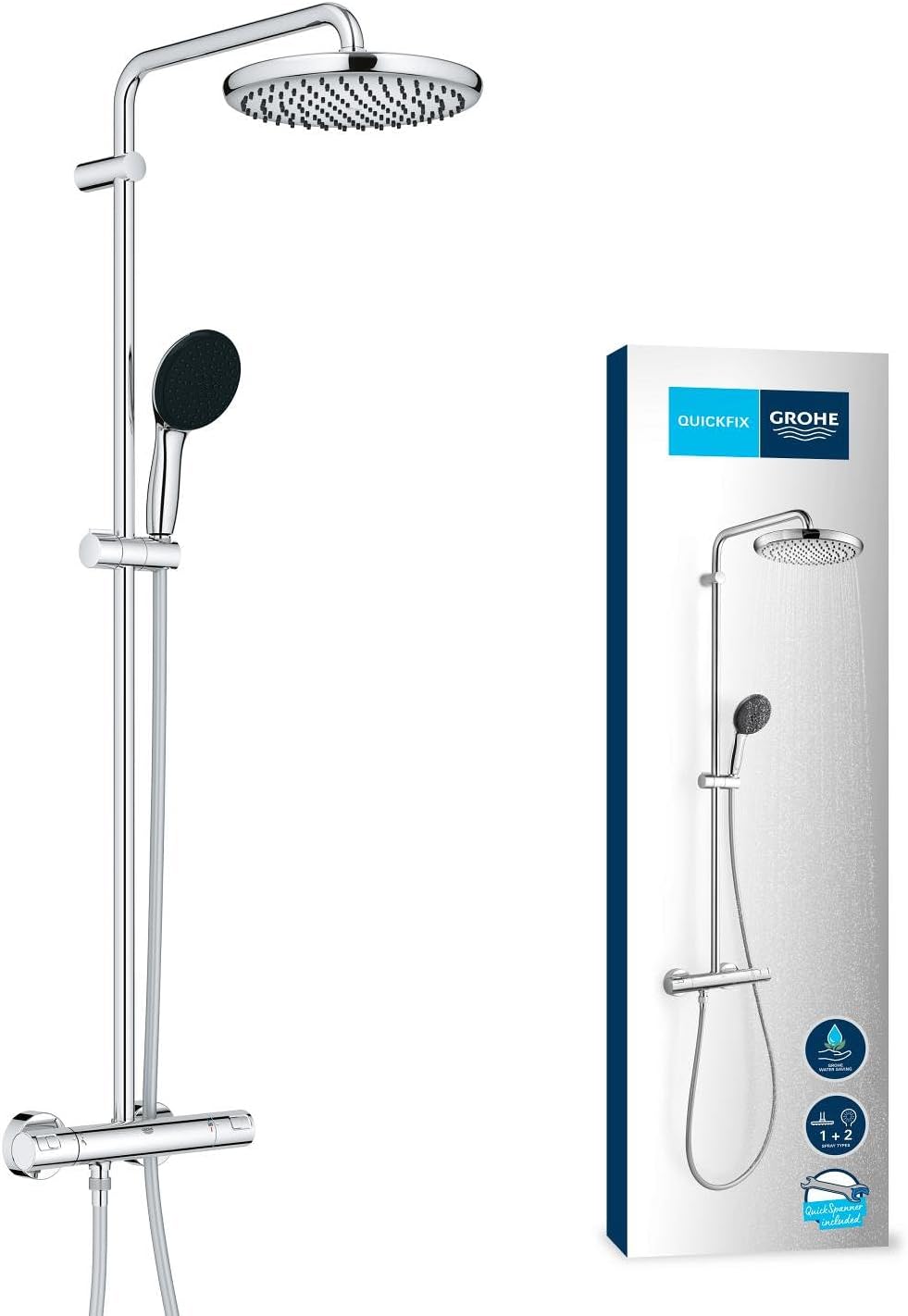 Grohe - Vitalio Start System 250, Colonne de Douche avec Mitigeur Thermostatique, Douchette Vitalio Start 110 2 jets, Flexible 1,75m, Chromé, 26677001