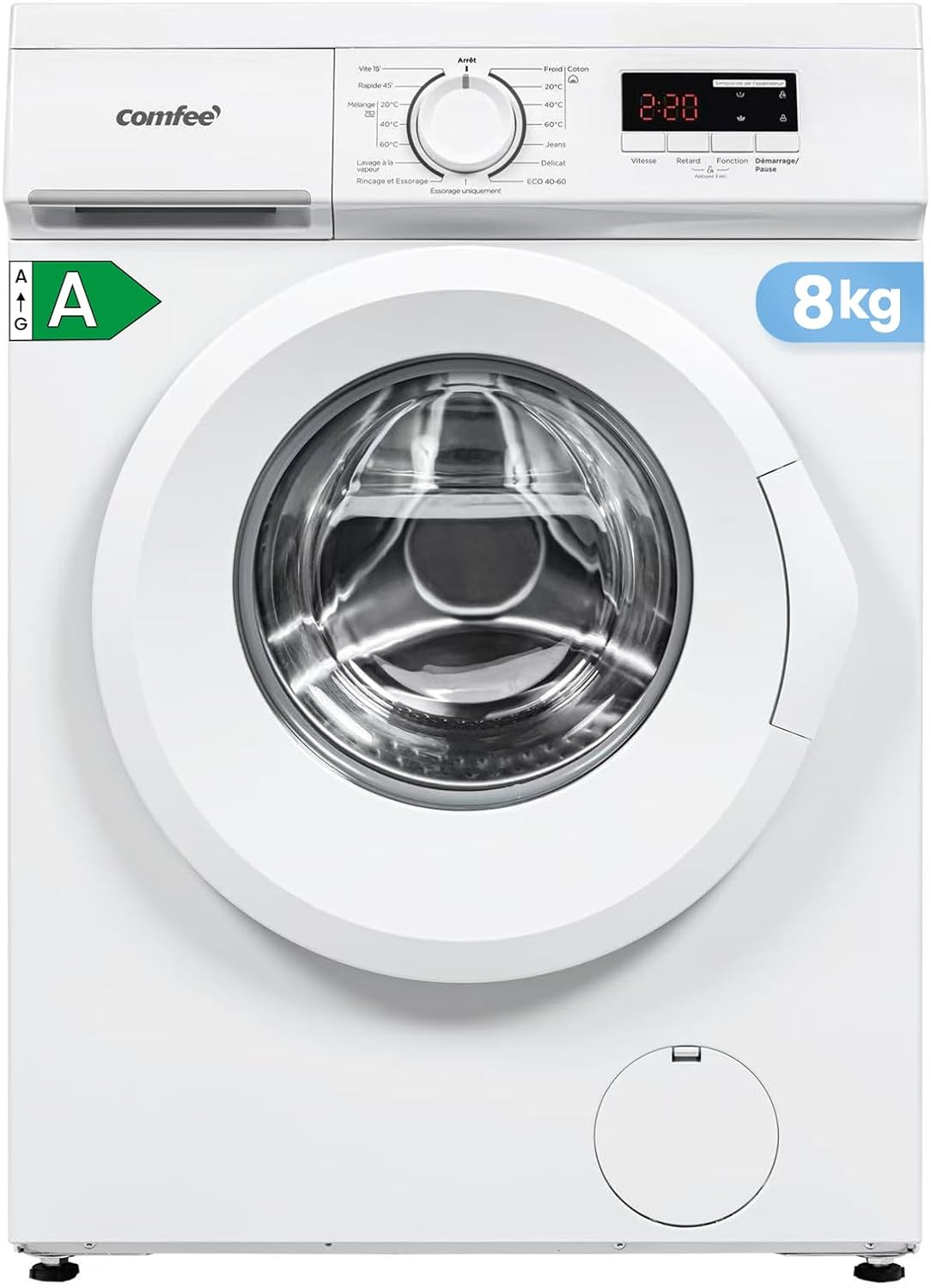 COMFEE' CFE12EW80/W-FR Lave-linge frontal 8KG, Classe énergétique A, Moteur BLDC 1400 tr/min, 15 Programmes, Prélavage, Blanc [Classe énergétique A]