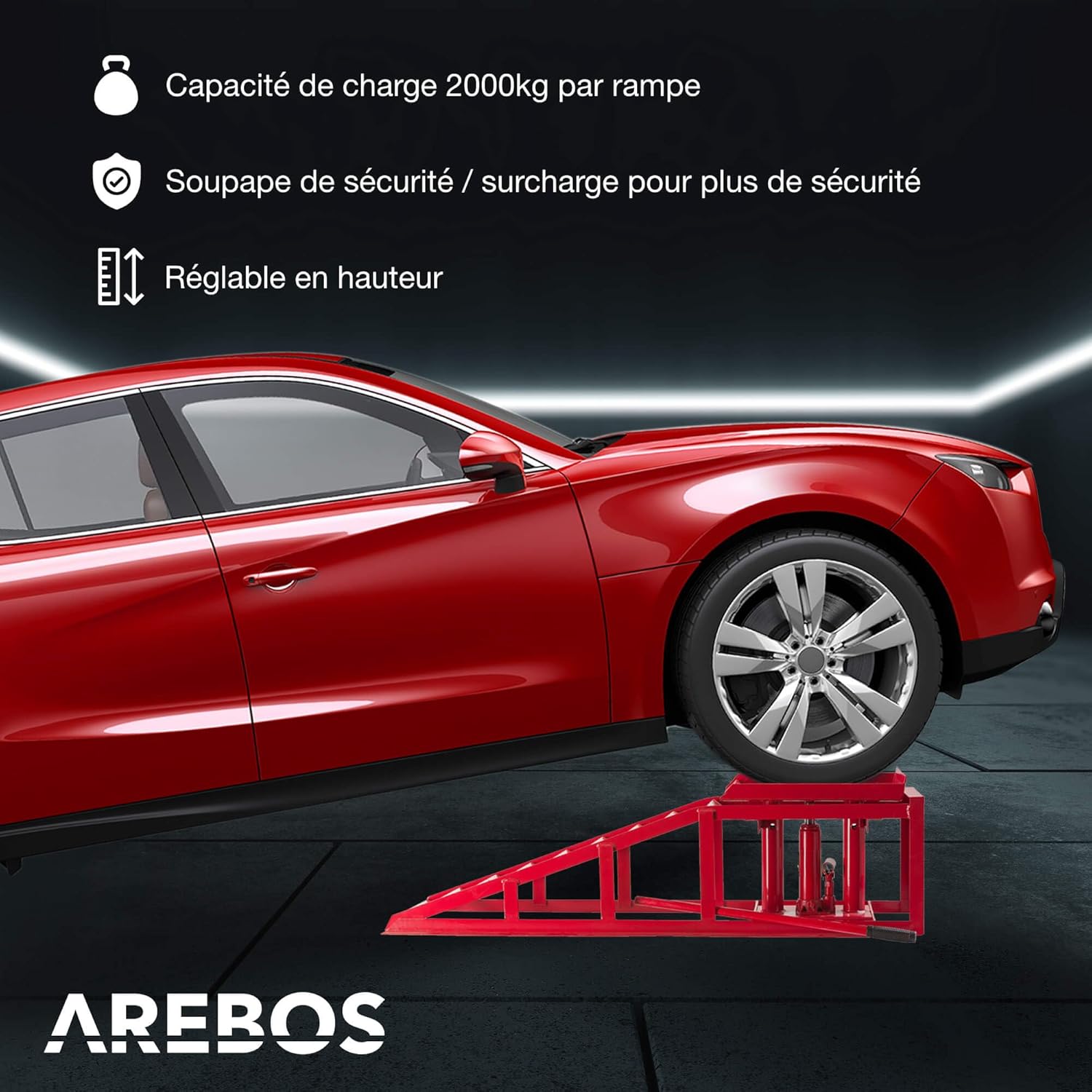 Arebos Lot de 2 Rampes d’Accès avec Cric Hydraulique 2T | Pont Élévateur Auto XXL | Largeur d’Accès 257 mm | Plateforme de Levage avec Soupape de Sécurité | Hauteur Réglable | Rouge