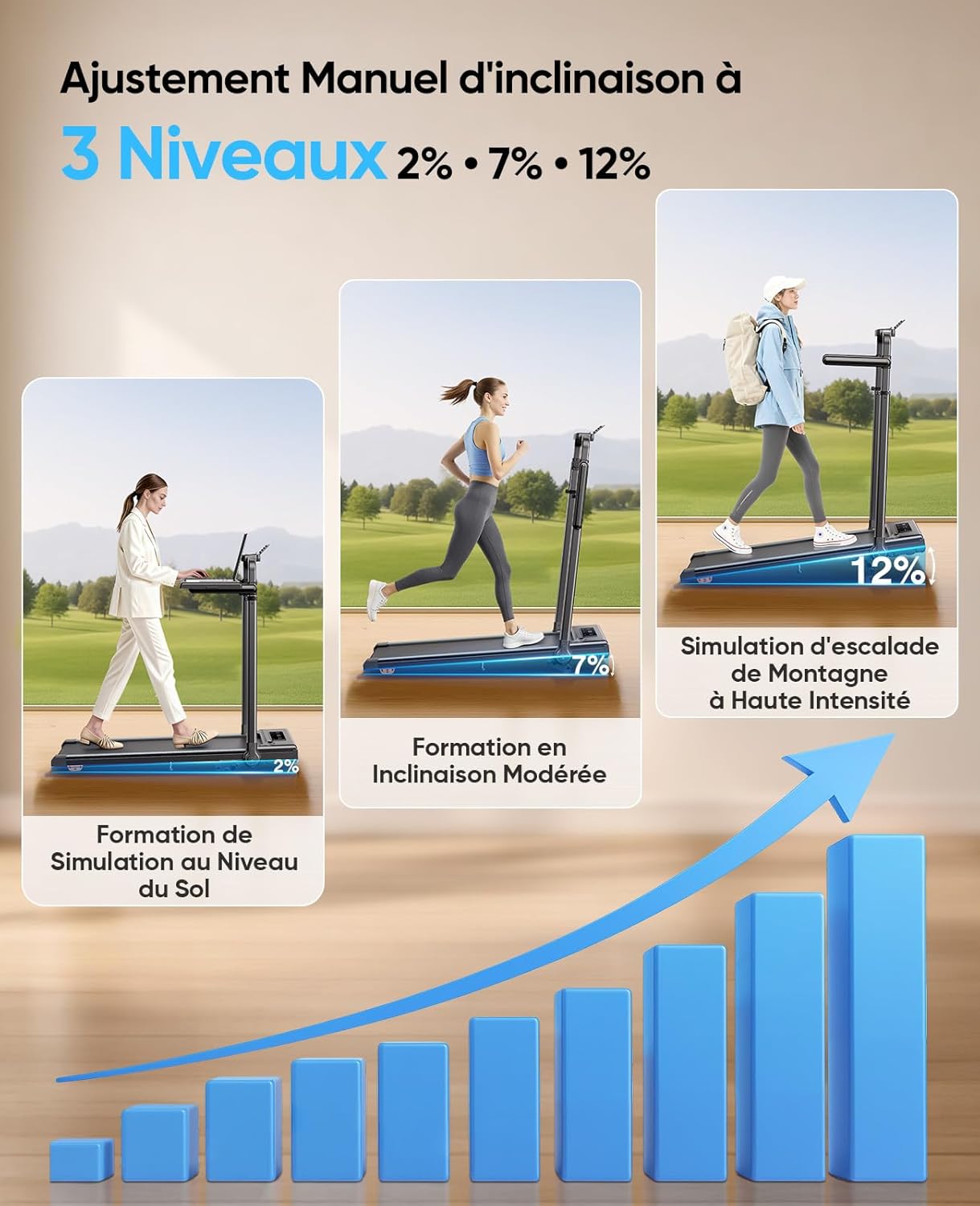 Tapis de Course Pliable Inclinable 12%, 6 en 1 Tapis de Marche avec Table Amovible, Max 12 km/h, 3.0HP, Poignée Télescopique de 15 cm et Courroie Lumineuse RGB, Charge Max 150 kg