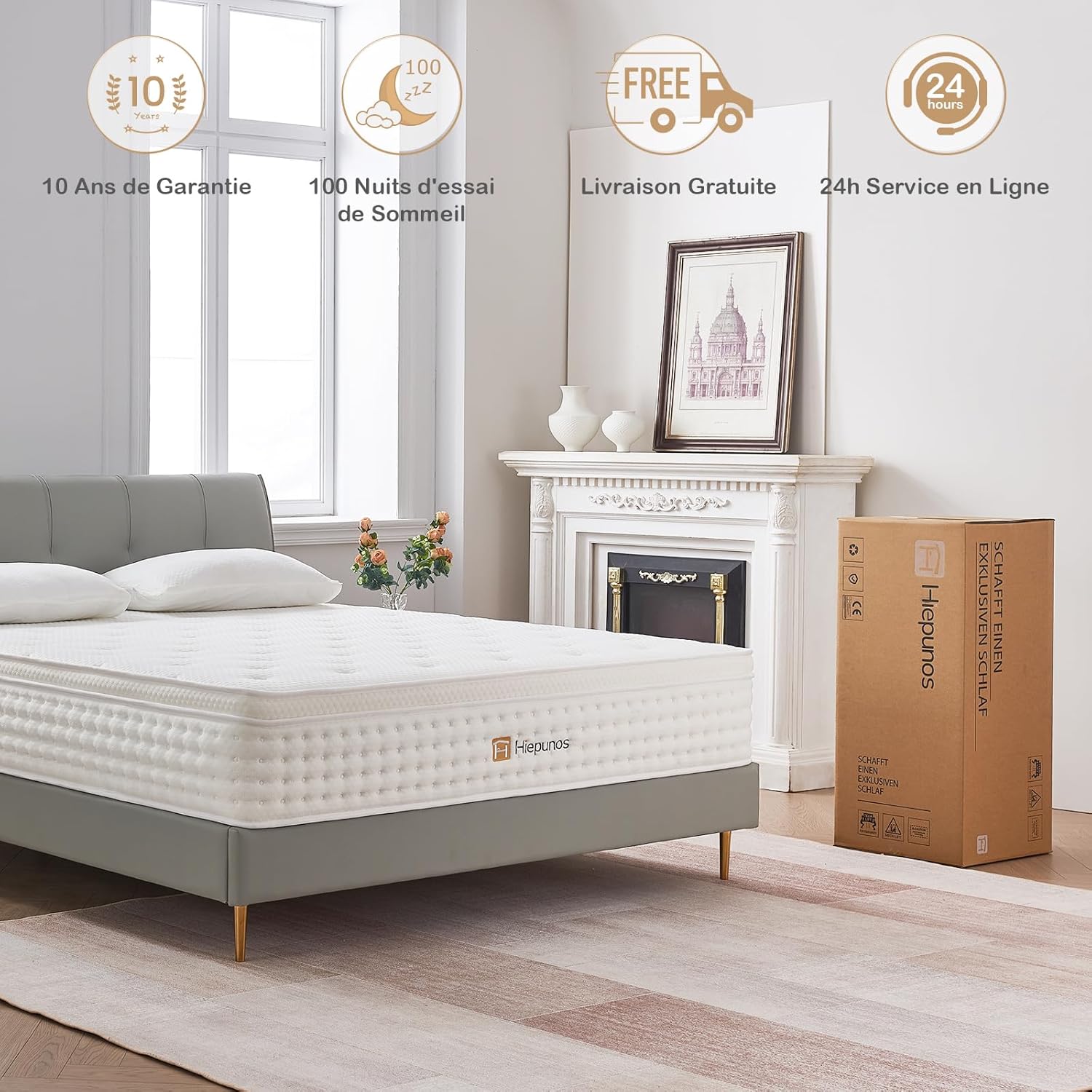 Hiepunos Matelas 180x200 cm, Épaisseur 26cm, Hybride Matelas, Matelas à Ressorts Ensachés et à Mémoire de Forme, H3 Moyenne Ferme, 7 Zones de Confort, Respirant, Soutien Parfait, (Blanc)