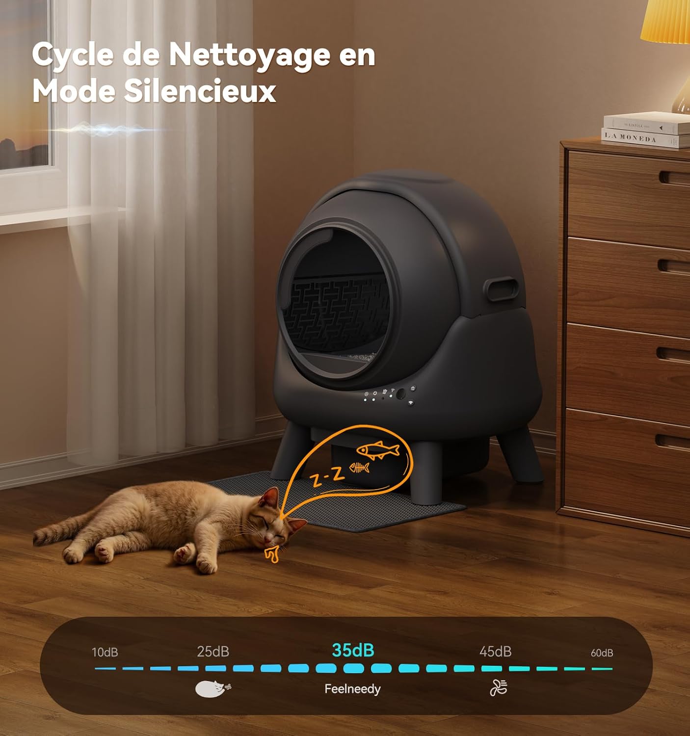 Litiere Chat Autonettoyante FEELNEEDY, Bac à Litière Automatique, Anti-Fuites/Anti-Pincement/Triple Anti-Odeur/Secure/Contrôle APP/Nettoyage Facile, Capacité Maximale de 65L