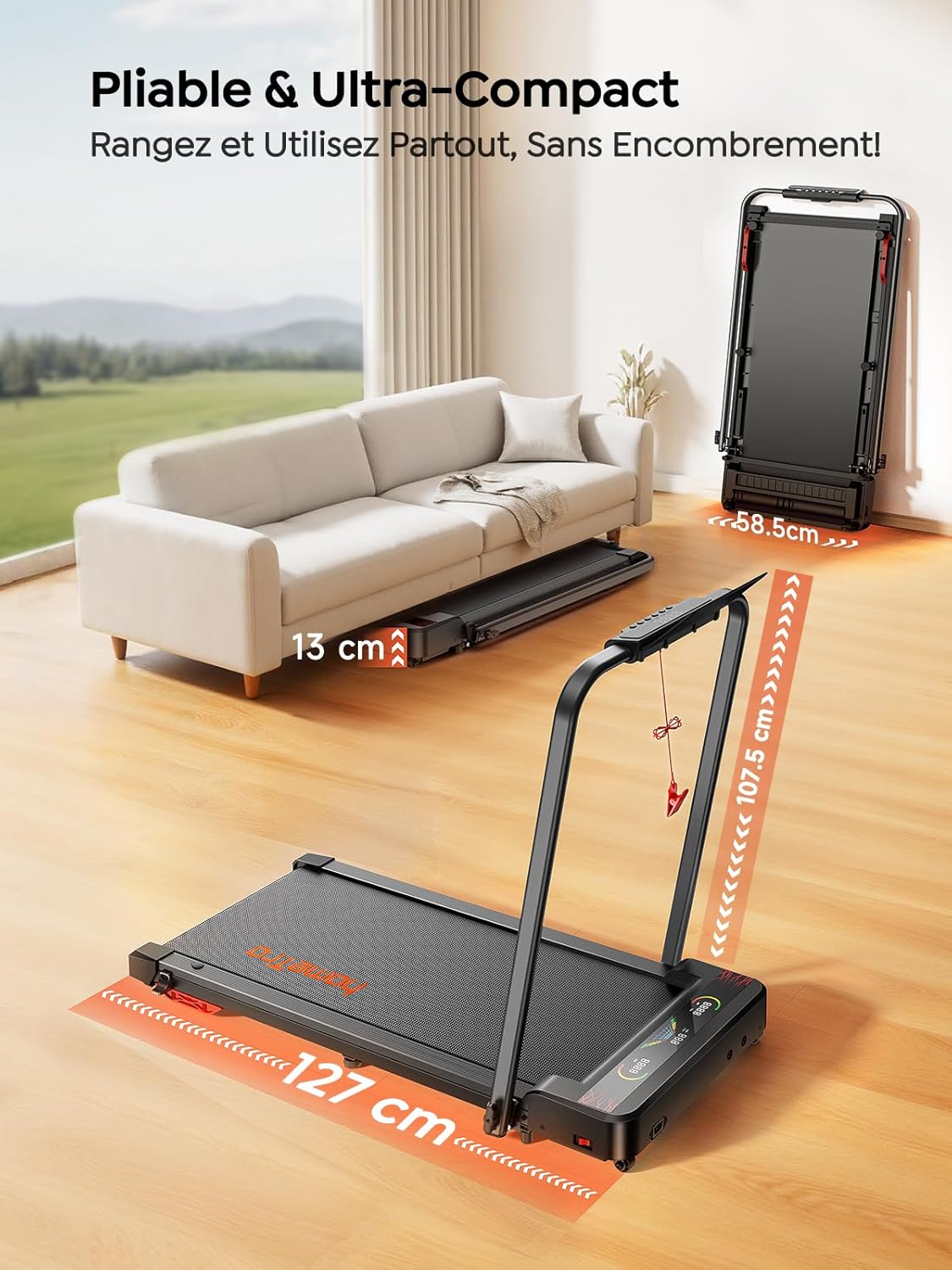 homeTro Tapis de Course Pliable 5-en-1 avec LED Motivantes - Tapis de Marche Inclinable 9%, Moteur Silencieux, Double Écran LED, 1-12 km/h, Compact Walking Pad Maison/Bureau (120kg Max)