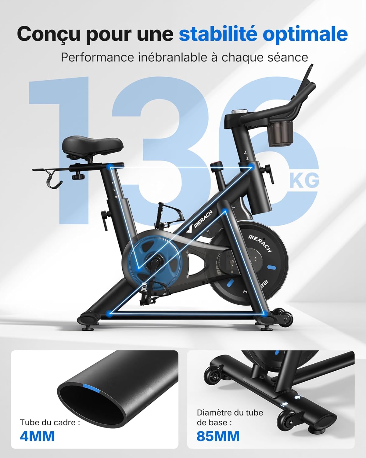 MERACH Vélo d'Appartement pour la Maison - Vélo de Fitness d'Intérieur Silencieux avec Résistance Réglable, Écran LCD, Siège Confortable, pour Entraînement Cardio, App Exclusive, Capacité Max 136KG
