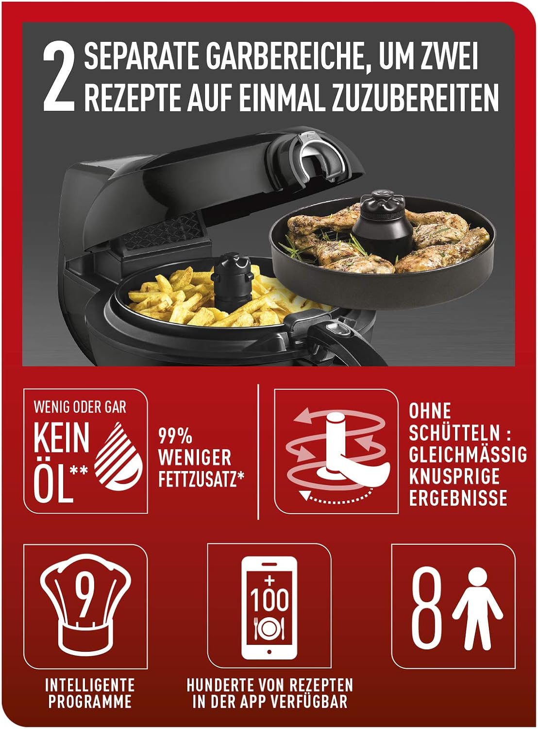 Tefal Friteuse à air chaud 2 en 1 ActiFry Genius XL YV9708 | 1500 watts | capacité : 1,7 kg | 9 programmes automatiques | technologie 2 en 1 | noir
