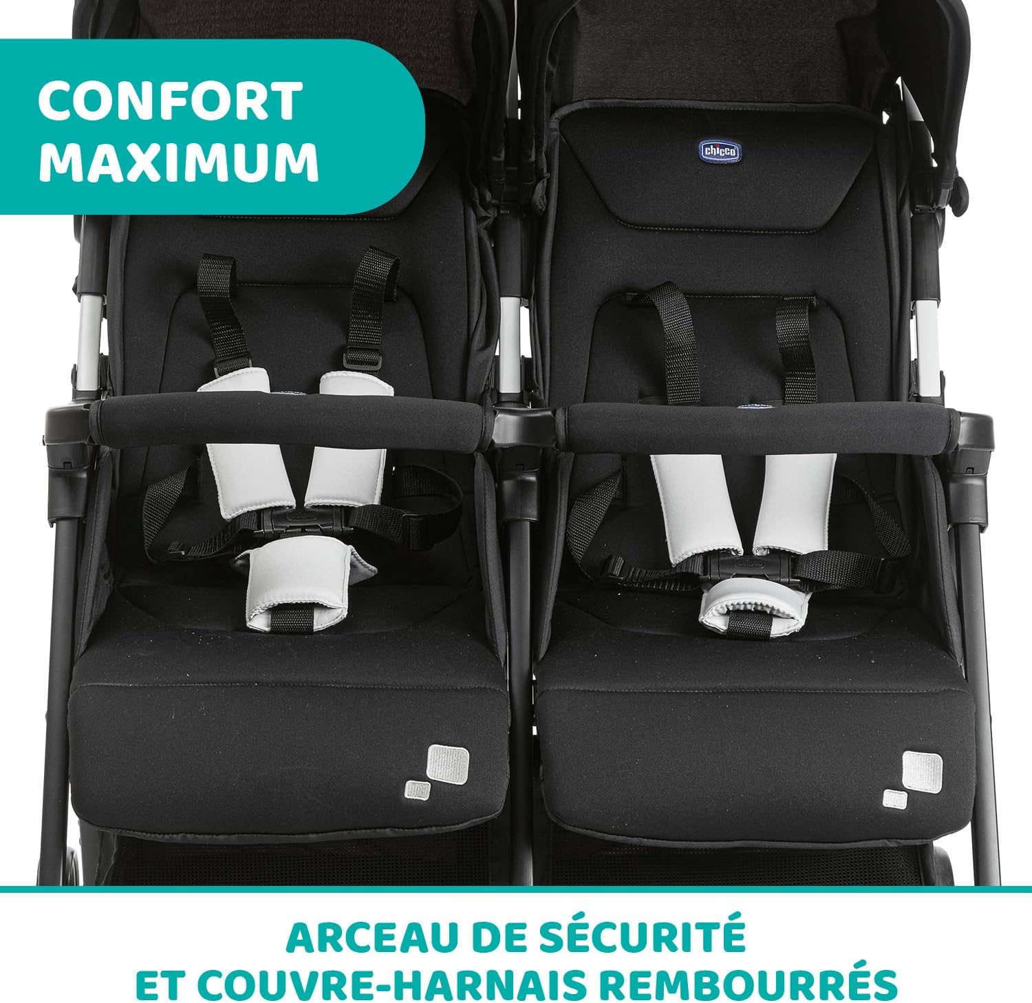 Chicco OHlalà Poussette Double Tandem, Légère Inclinable et Pliable, pour Jumeaux dès la Naissance jusqu’à 15 kg, Fermeture Compacte, Housse de Pluie Incluse, Capote Extensible – Noir