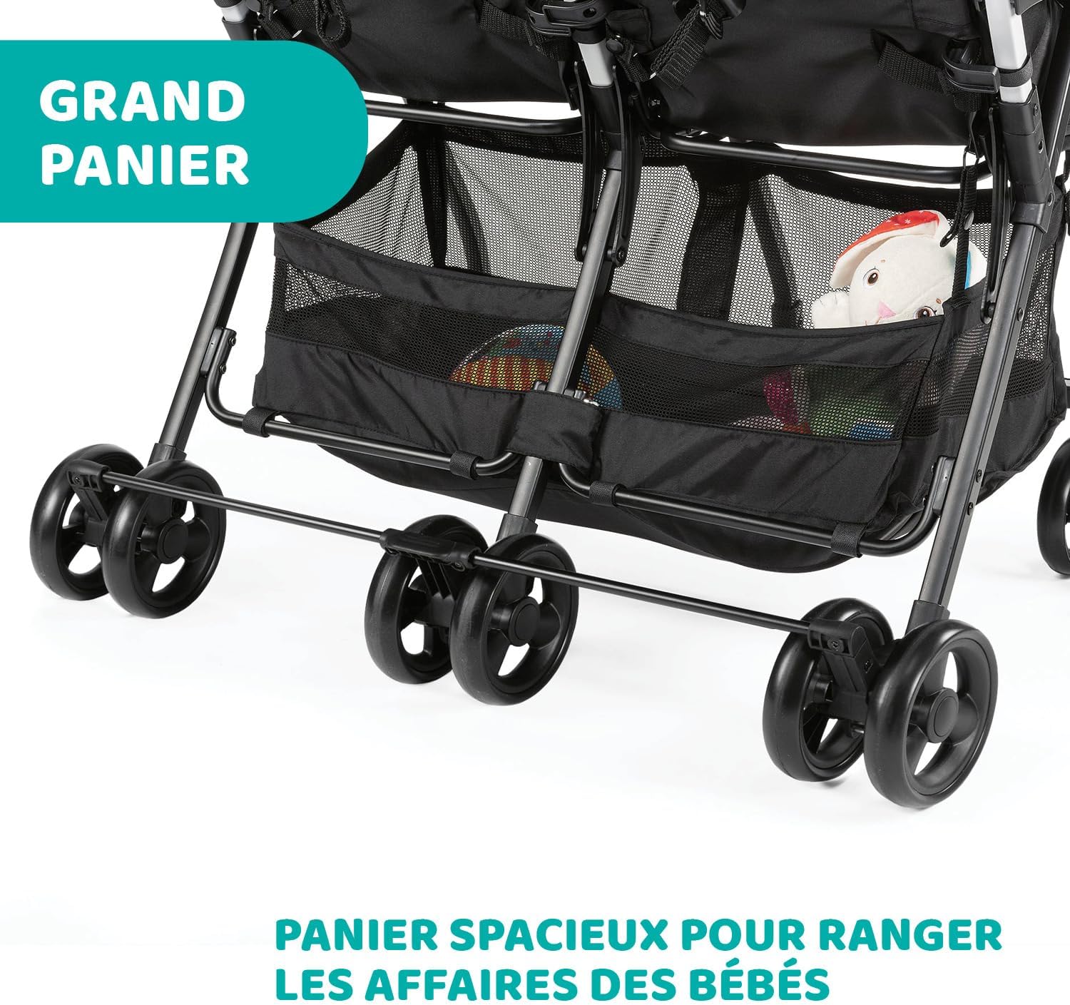 Chicco OHlalà Poussette Double Tandem, Légère Inclinable et Pliable, pour Jumeaux dès la Naissance jusqu’à 15 kg, Fermeture Compacte, Housse de Pluie Incluse, Capote Extensible – Noir