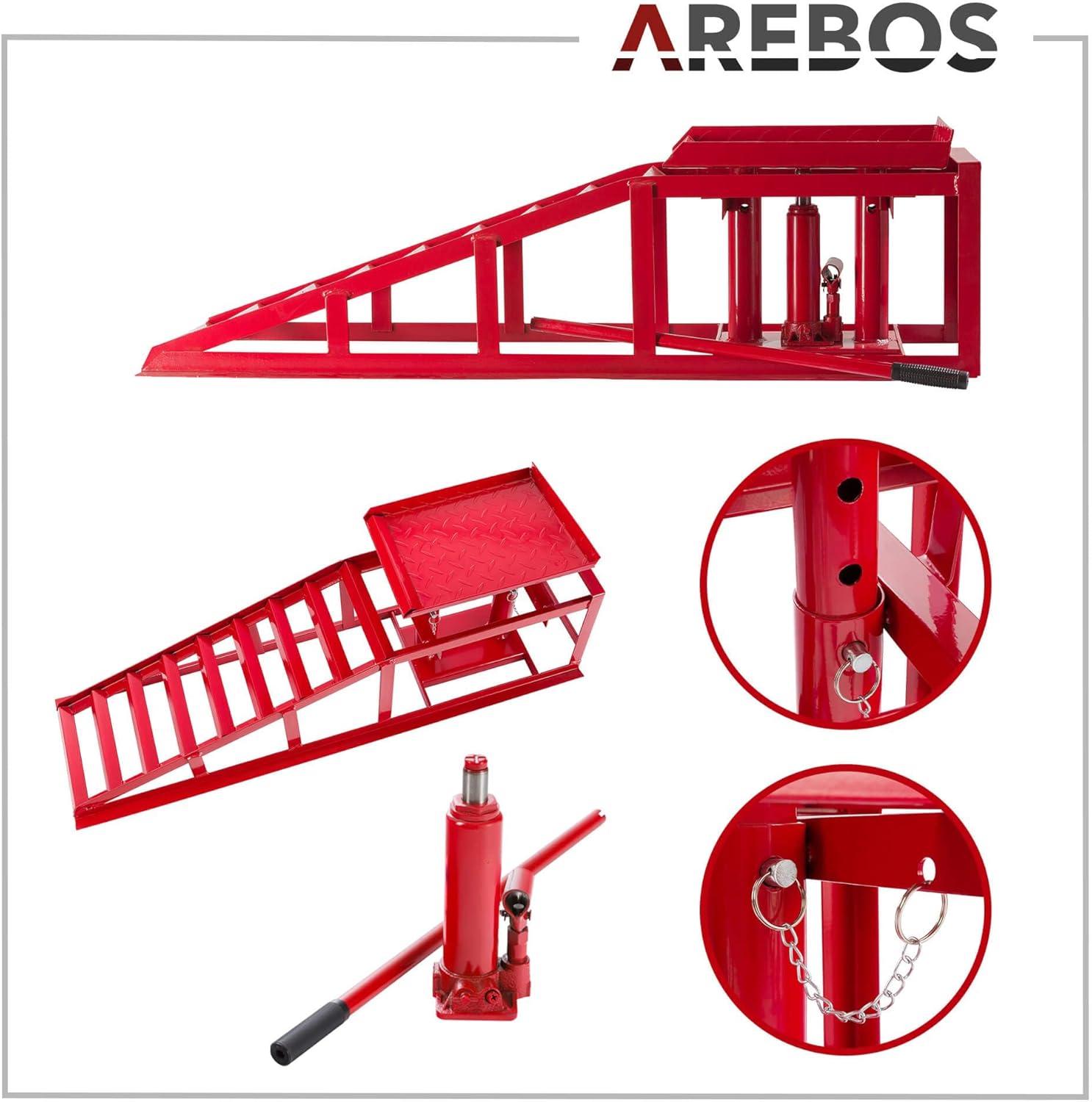 Arebos Lot de 2 Rampes d’Accès avec Cric Hydraulique 2T | Pont Élévateur Auto XXL | Largeur d’Accès 257 mm | Plateforme de Levage avec Soupape de Sécurité | Hauteur Réglable | Rouge