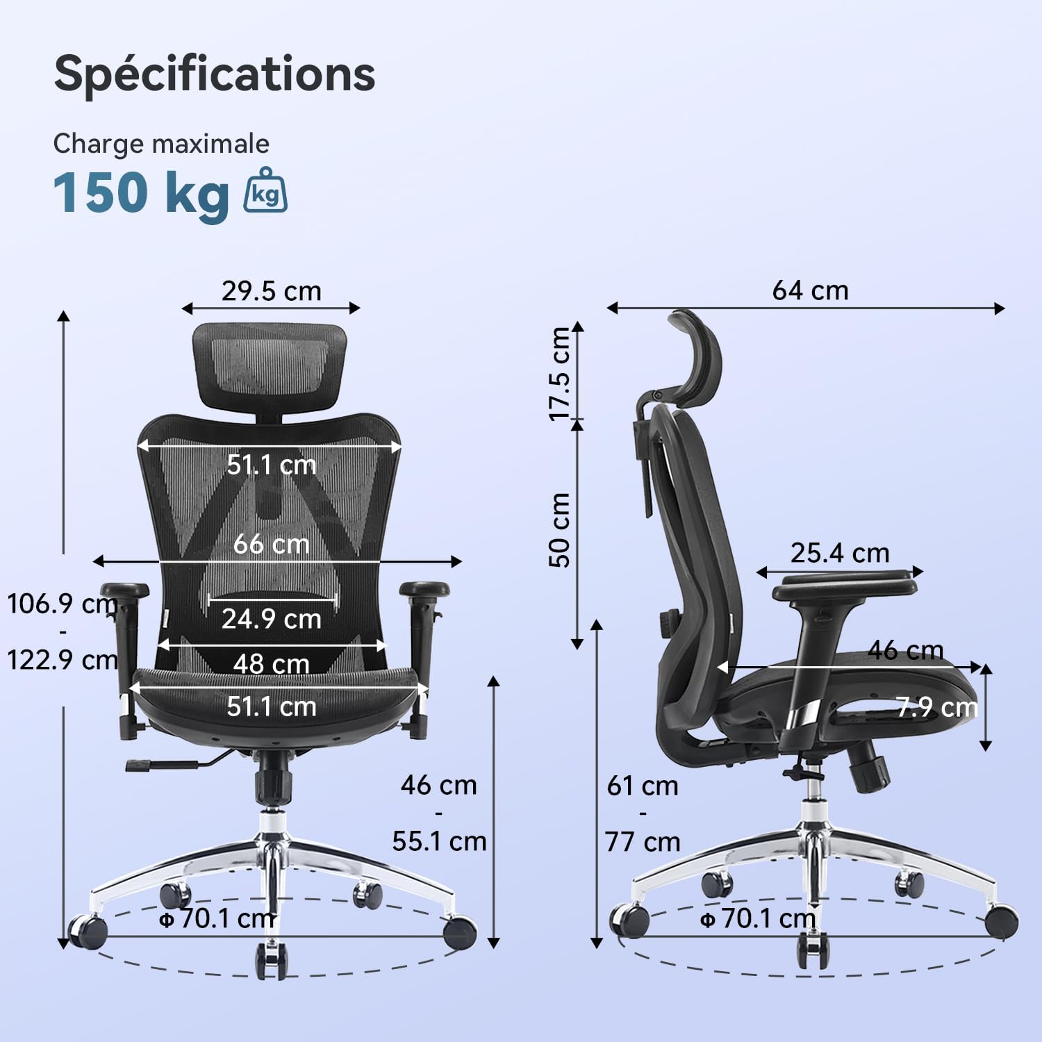 SIHOO Chaise de Bureau Ergonomique pour Ordinateur avec appuie-tête réglable, Dossier et accoudoirs en Maille Noir Mesh Chiar