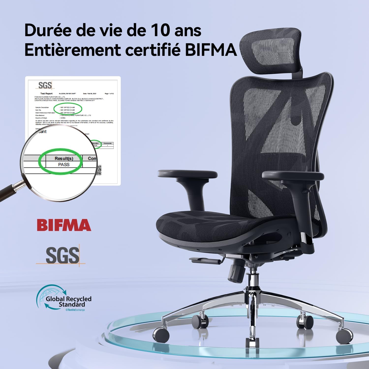 SIHOO Chaise de Bureau Ergonomique pour Ordinateur avec appuie-tête réglable, Dossier et accoudoirs en Maille Noir Mesh Chiar