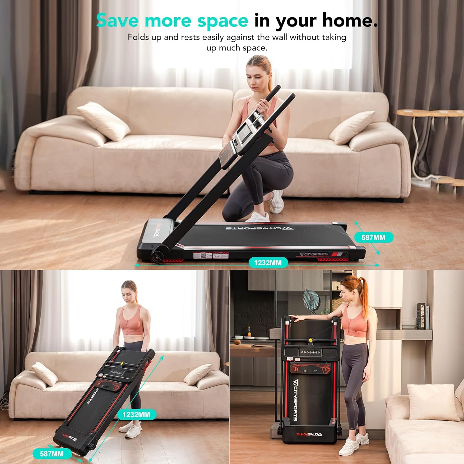 CITYSPORTS Tapis de Course,Tapis Roulant Pliable 12 km/h,avec Affichage LED,APP et 360° Tablet Holder,Walking Pad Compact pour la Maison et Le Bureau (Black & Red)