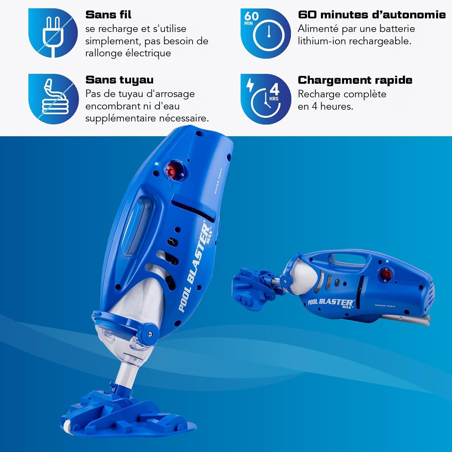 Water Tech POOL BLASTER Max Li Aspirateur de piscine, aspirateur de piscine sans fil avec moteur P30, aspirateur à main pour piscine et spa