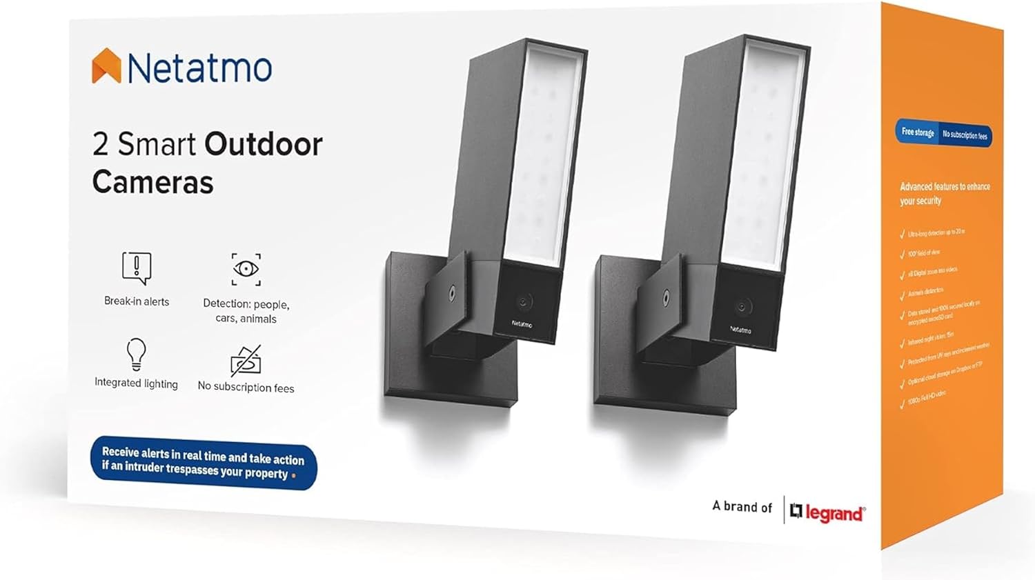 Netatmo Pack 2 Caméras Extérieures, Éclairage Intégré, Détection de Personnes, 1920p, Wi-FI, Voitures et Animaux, Aluminium Noir, NBU-2-NOC-AMZ