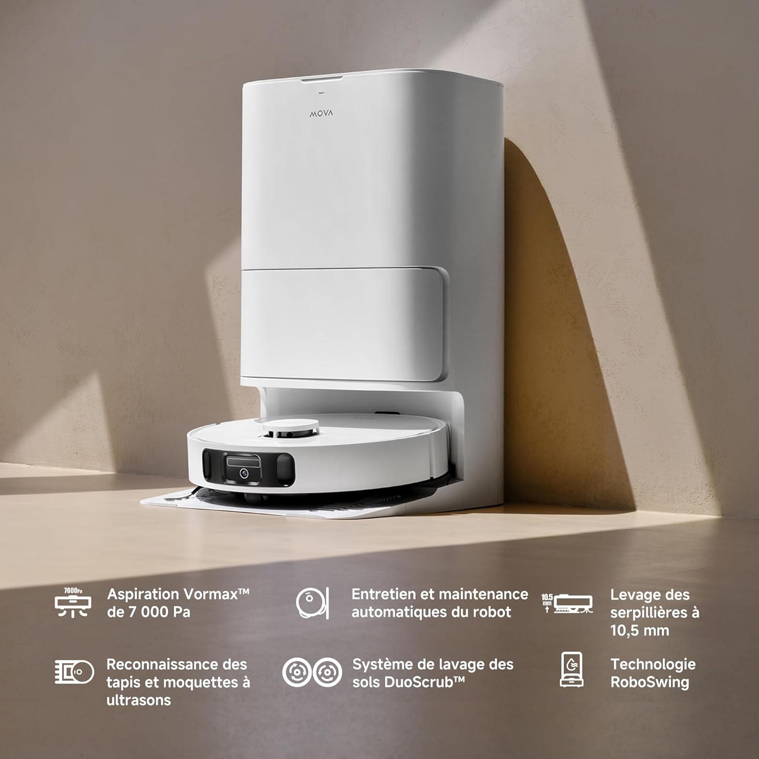 MOVA E30 Ultra Robot Aspirateur Laveur avec Vidage Automatique, Nettoyage Automatique des Serpillières, Technologie RoboSwing, Levage des Serpillières à 10,5 mm, Aspiration de 7 000 Pa