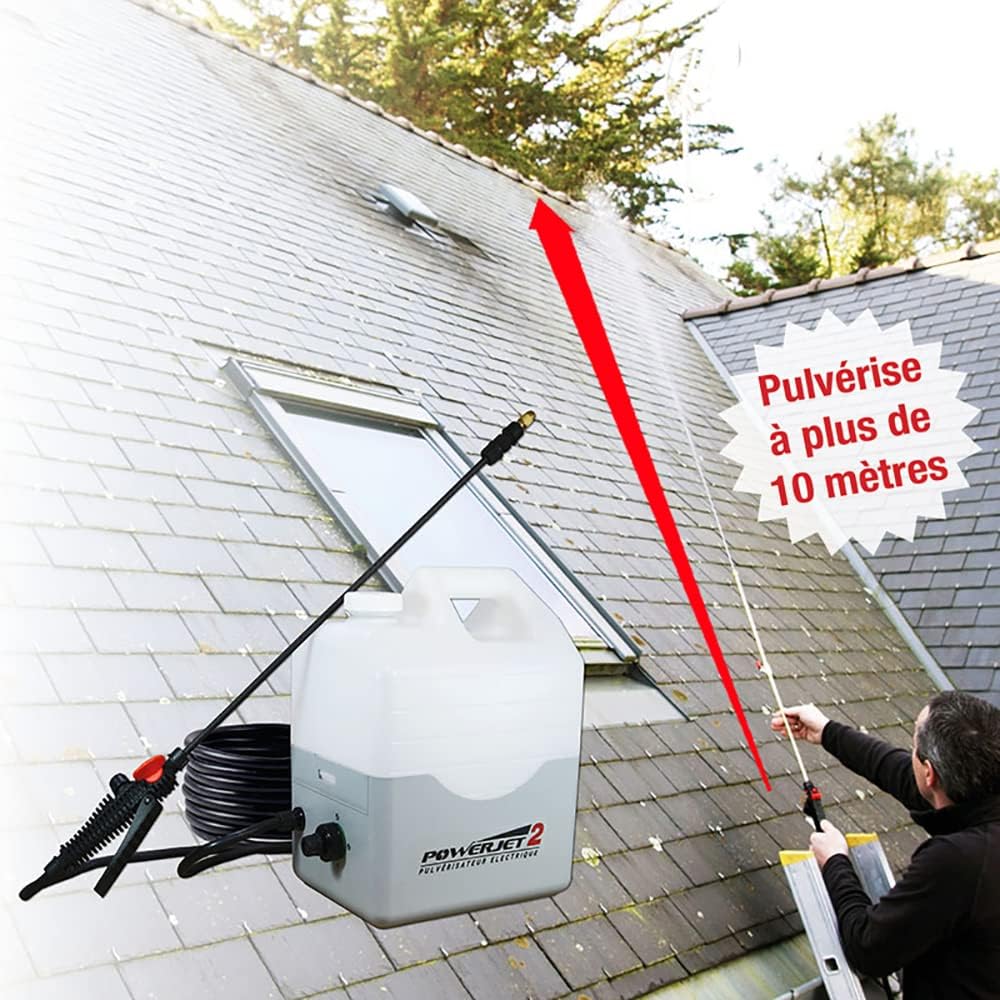 Multirex PowerJet 2 pulvérisateur électrique 12 V, portée 10 m, autonomie 5 h, Pompe 5,5 Bar avec pressostat, Lance Carbone 1,5 m, 7 Buses, Aspiration Externe, démoussage toitures façades