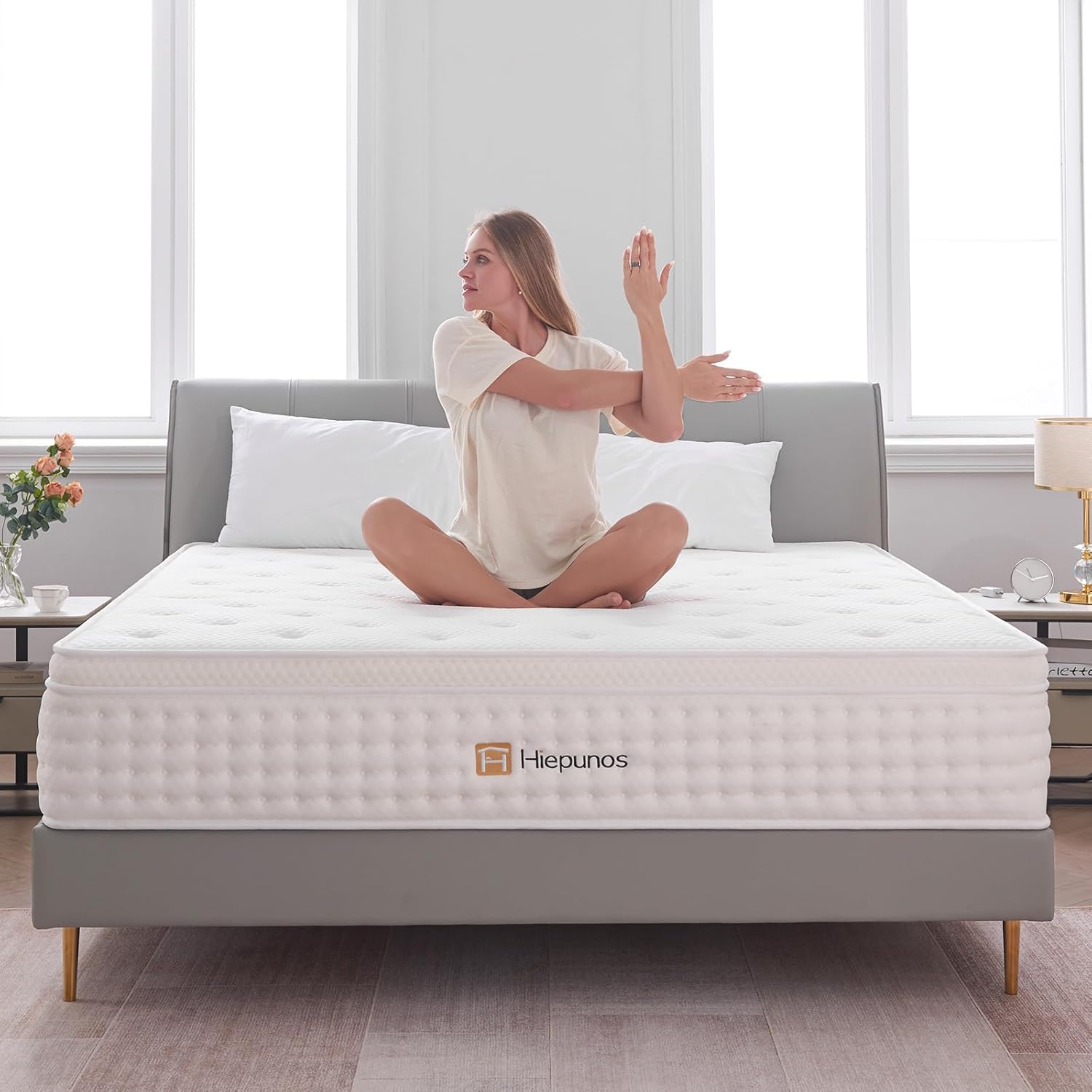 Hiepunos Matelas 180x200 cm, Épaisseur 26cm, Hybride Matelas, Matelas à Ressorts Ensachés et à Mémoire de Forme, H3 Moyenne Ferme, 7 Zones de Confort, Respirant, Soutien Parfait, (Blanc)