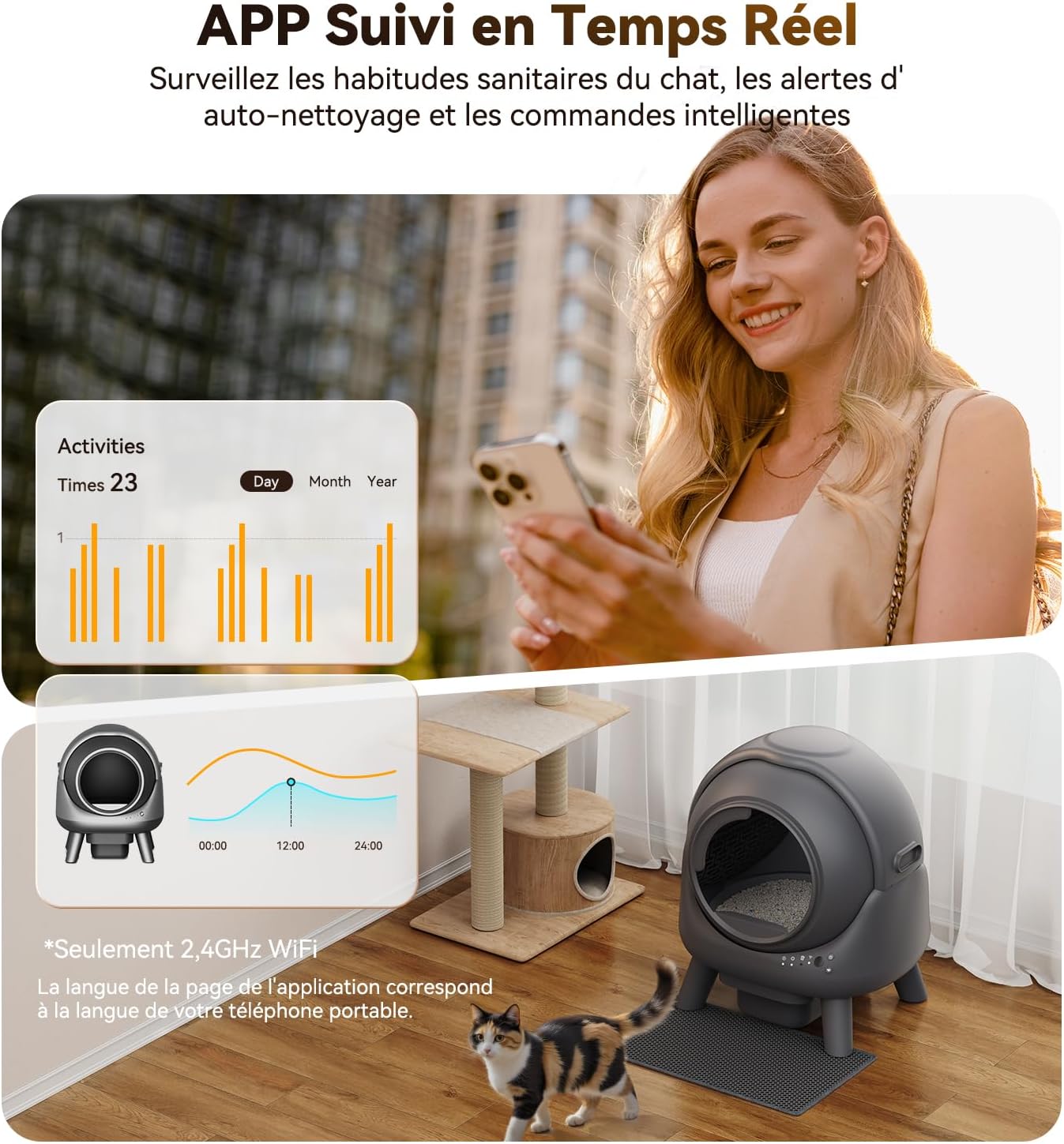 Litiere Chat Autonettoyante FEELNEEDY, Bac à Litière Automatique, Anti-Fuites/Anti-Pincement/Triple Anti-Odeur/Secure/Contrôle APP/Nettoyage Facile, Capacité Maximale de 65L