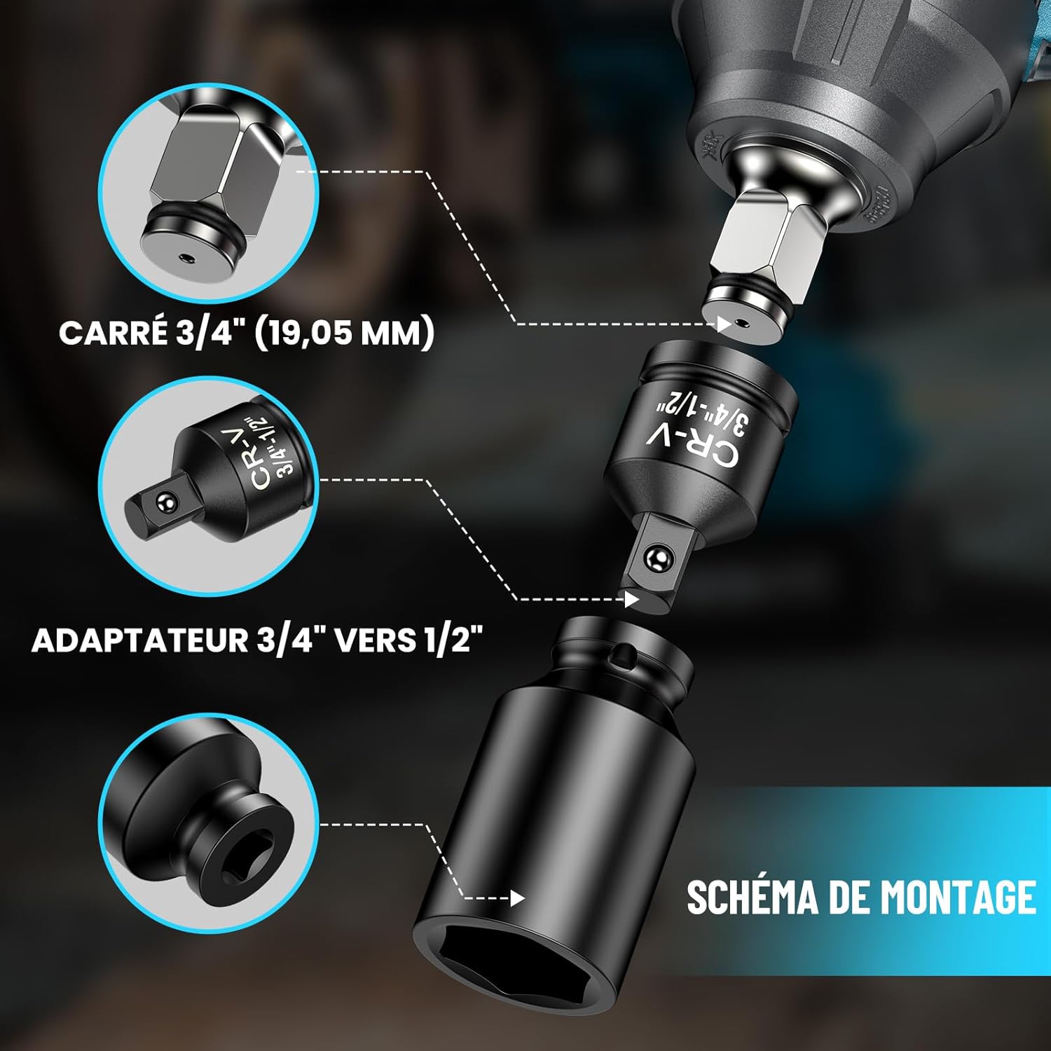 Seesii Clé à Chocs Sans Fil 1800Nm, 3/4'' Boulonneuse a Choc Electrique avec Deux Batteries 10000mAh 18V, Boîte de Vitesses à 3 Vitesses, Adaptateur de Foret 3/4" à 1/2", 34mm Douilles