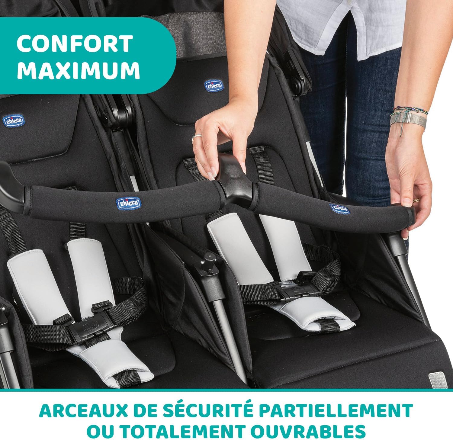 Chicco OHlalà Poussette Double Tandem, Légère Inclinable et Pliable, pour Jumeaux dès la Naissance jusqu’à 15 kg, Fermeture Compacte, Housse de Pluie Incluse, Capote Extensible – Noir