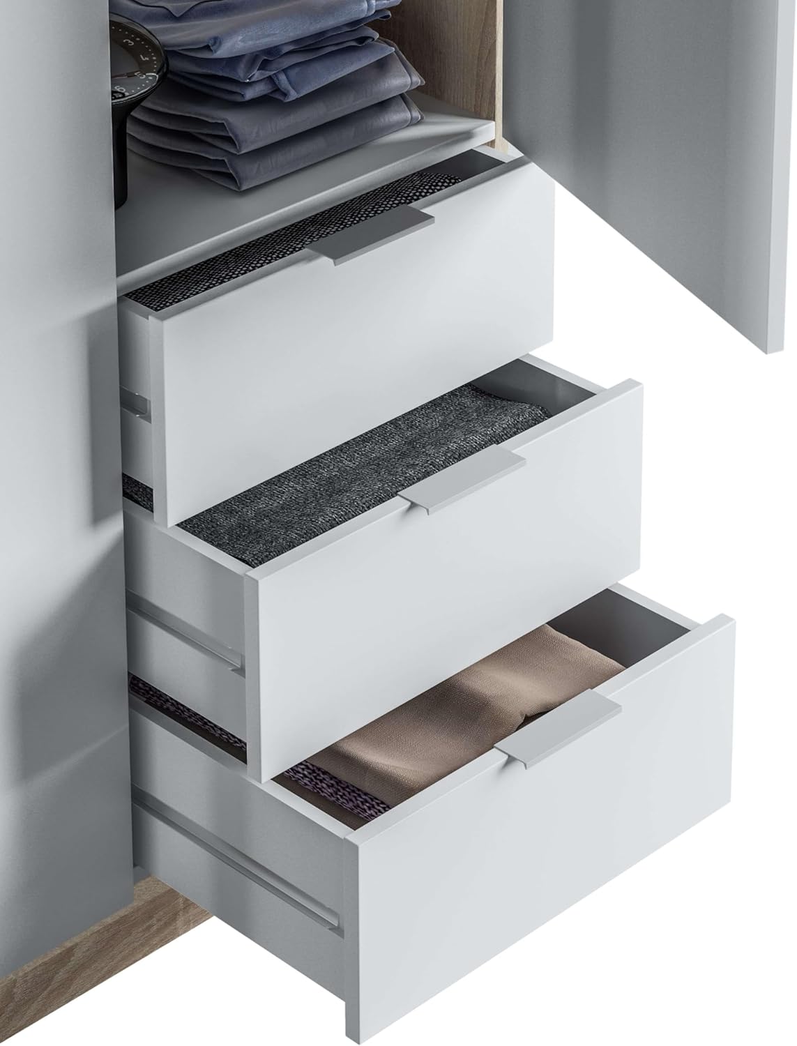 Habitdesign Armoire penderie 3 portes et 3 tiroirs, 121 x 180 x 52 cm (H x l x P) Couleur chêne canadien et Blanc « Artik »