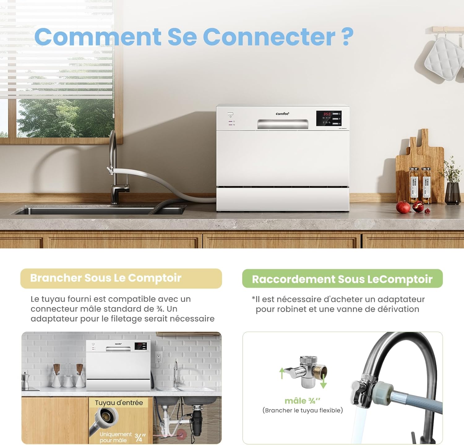 COMFEE' TD602E-W Lave-vaisselle compact pose libre, écran LED, 6,5 litres, blanc, niveau sonore : 47 dB