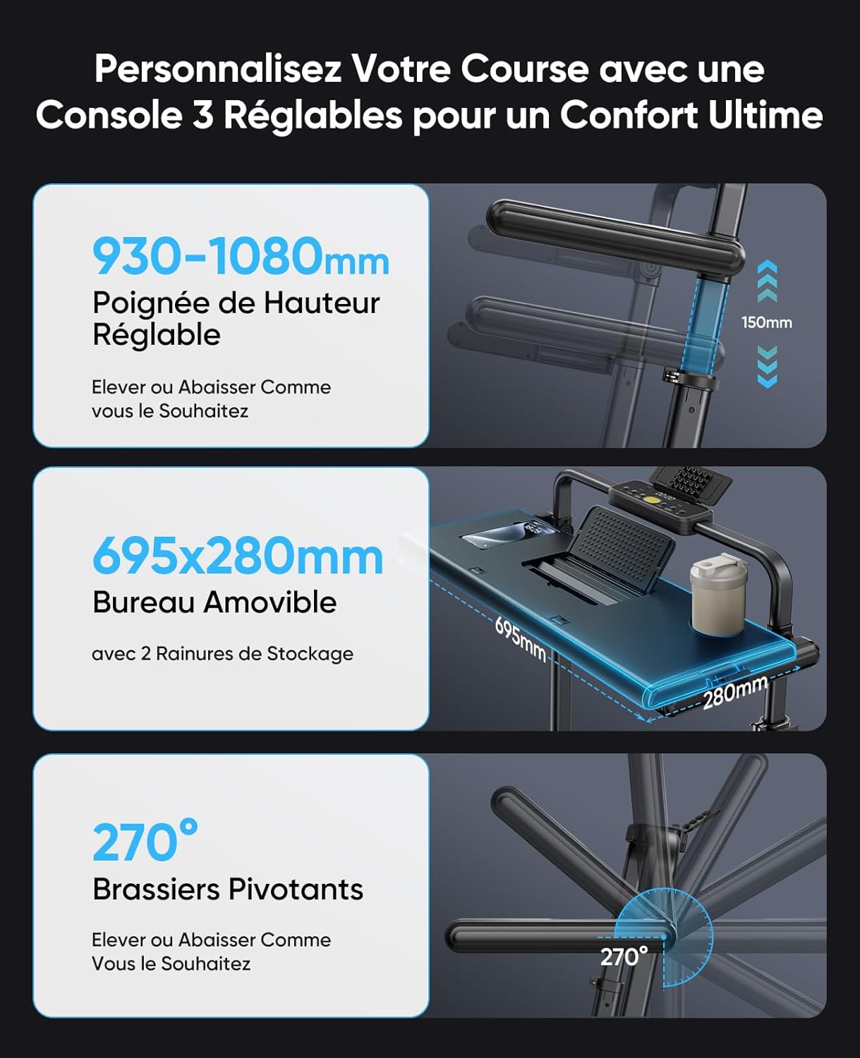 Tapis de Course Pliable Inclinable 12%, 6 en 1 Tapis de Marche avec Table Amovible, Max 12 km/h, 3.0HP, Poignée Télescopique de 15 cm et Courroie Lumineuse RGB, Charge Max 150 kg