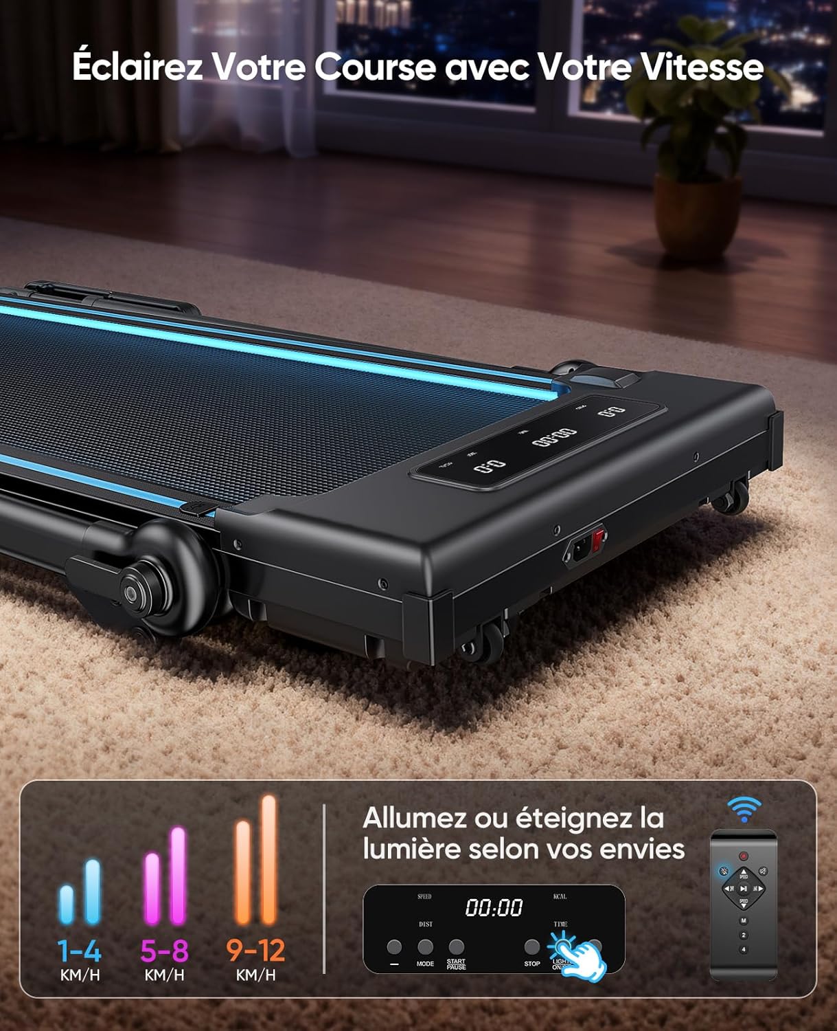 Tapis de Course Pliable Inclinable 12%, 6 en 1 Tapis de Marche avec Table Amovible, Max 12 km/h, 3.0HP, Poignée Télescopique de 15 cm et Courroie Lumineuse RGB, Charge Max 150 kg