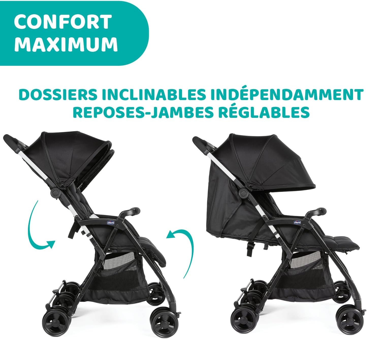 Chicco OHlalà Poussette Double Tandem, Légère Inclinable et Pliable, pour Jumeaux dès la Naissance jusqu’à 15 kg, Fermeture Compacte, Housse de Pluie Incluse, Capote Extensible – Noir