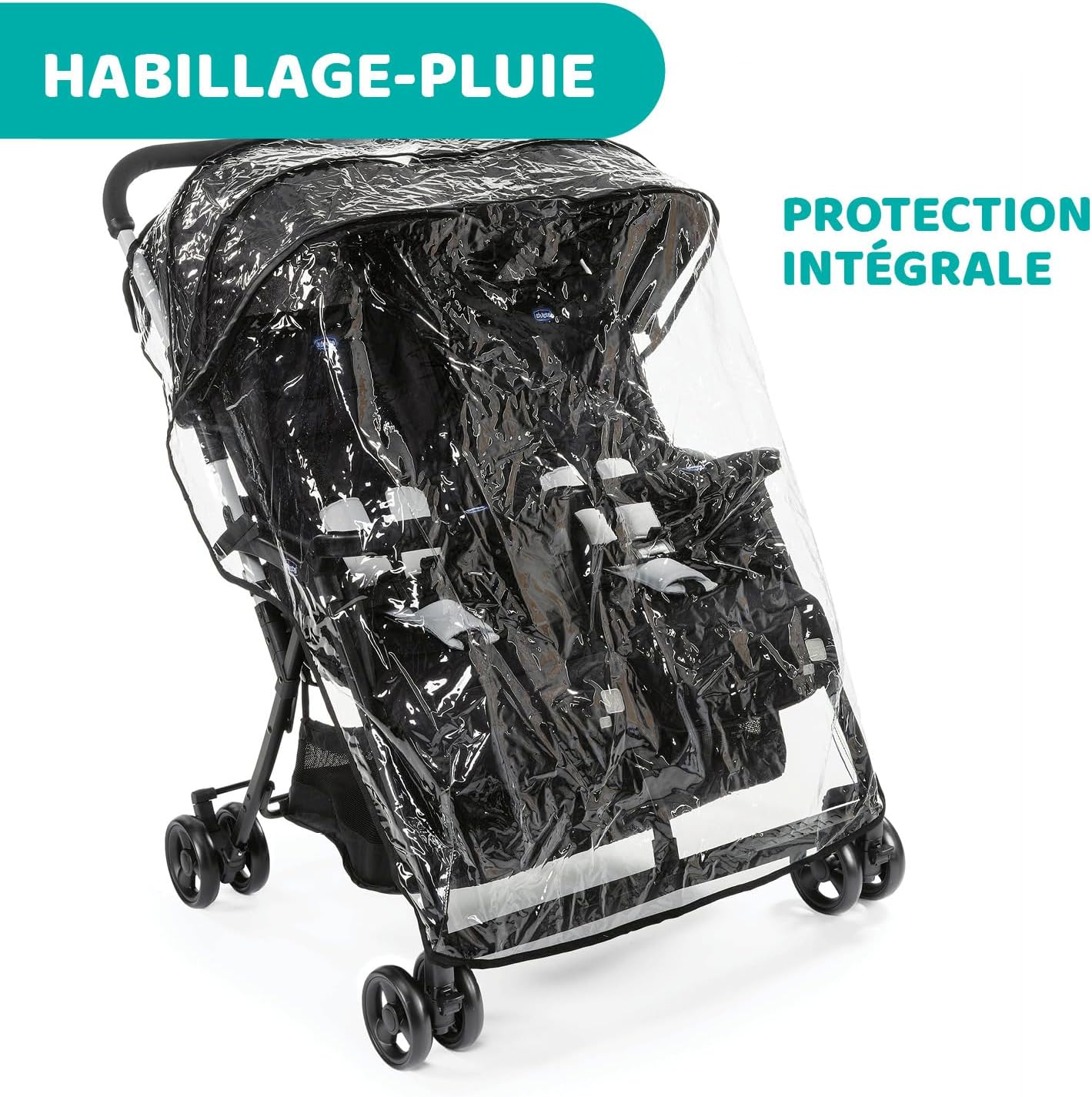 Chicco OHlalà Poussette Double Tandem, Légère Inclinable et Pliable, pour Jumeaux dès la Naissance jusqu’à 15 kg, Fermeture Compacte, Housse de Pluie Incluse, Capote Extensible – Noir