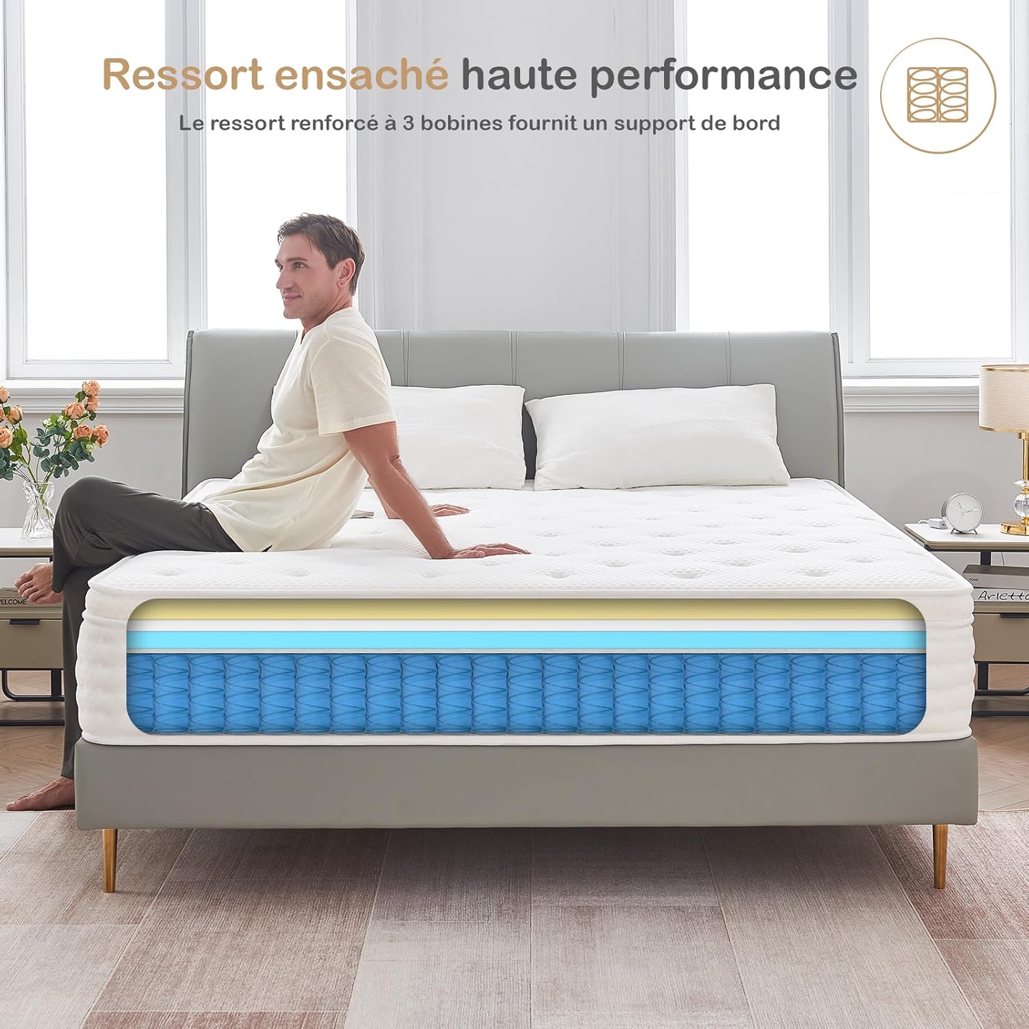 Hiepunos Matelas 180x200 cm, Épaisseur 26cm, Hybride Matelas, Matelas à Ressorts Ensachés et à Mémoire de Forme, H3 Moyenne Ferme, 7 Zones de Confort, Respirant, Soutien Parfait, (Blanc)
