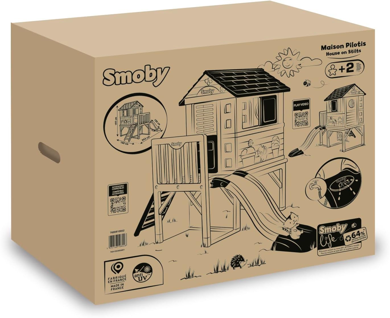Smoby Life - Maison Pilotis - Plateforme de 70 cm - Echelle, Toboggan - Matière Recyclée - A Partir de 2 Ans - Fabrication Française