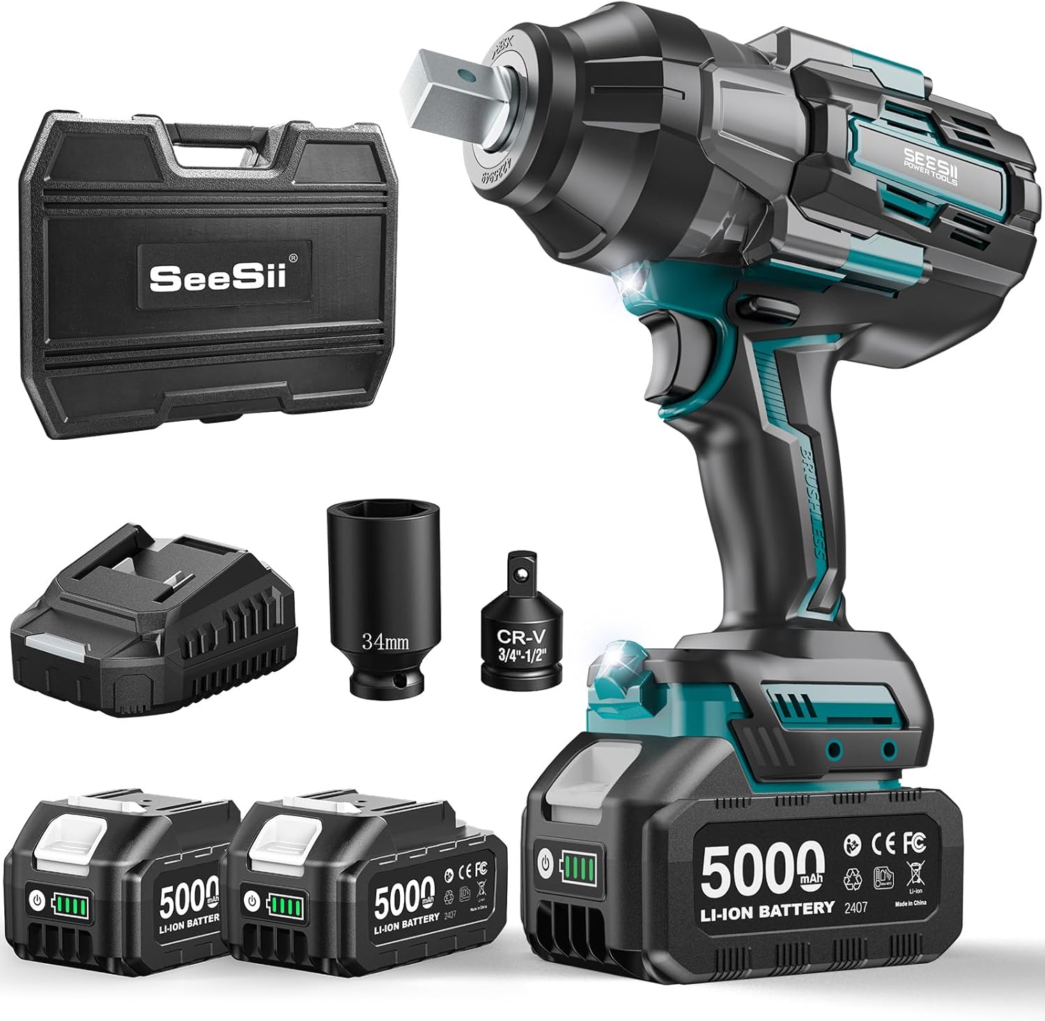 Seesii Clé à Chocs Sans Fil 1800Nm, 3/4'' Boulonneuse a Choc Electrique avec Deux Batteries 10000mAh 18V, Boîte de Vitesses à 3 Vitesses, Adaptateur de Foret 3/4" à 1/2", 34mm Douilles