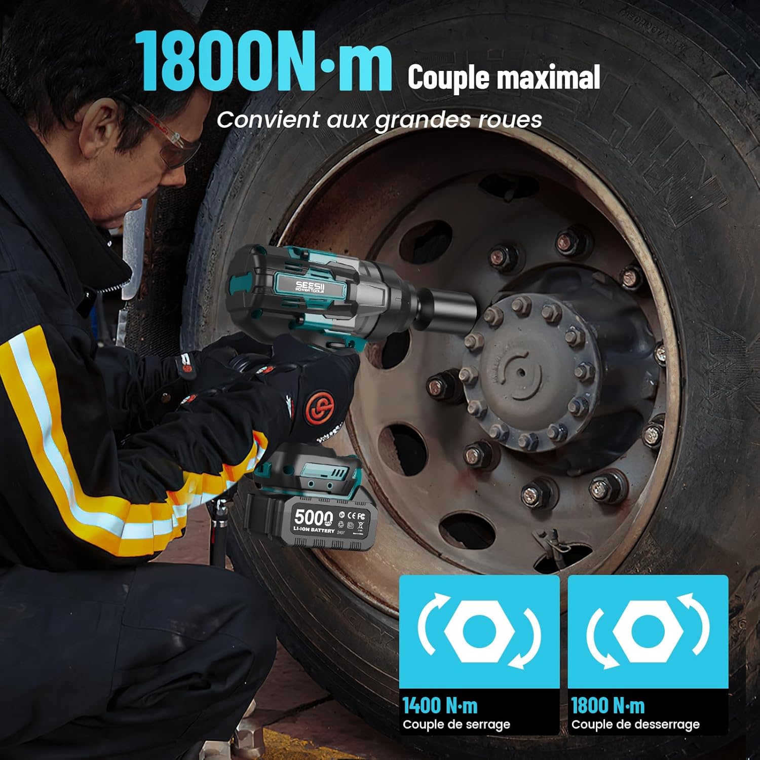 Seesii Clé à Chocs Sans Fil 1800Nm, 3/4'' Boulonneuse a Choc Electrique avec Deux Batteries 10000mAh 18V, Boîte de Vitesses à 3 Vitesses, Adaptateur de Foret 3/4" à 1/2", 34mm Douilles