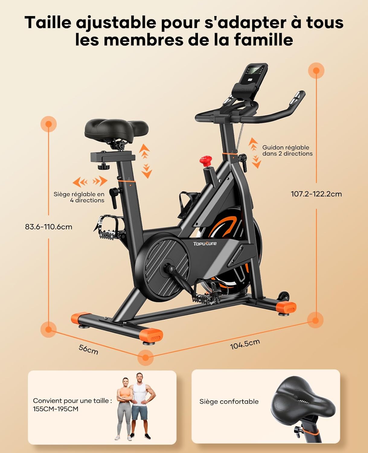 TOPUTURE Velo D Appartement Magnetique, Velo Appartement Connecté APP, Résistance réglable, Vélo d'intérieur avec silencieux, Vélos D'appartement avec fréquence cardiaque Capacité 160KG