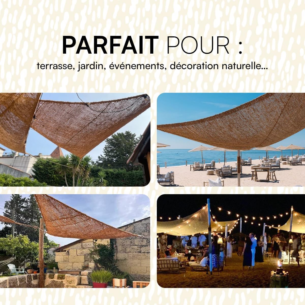 Voile d'Ombrage Coco - Toile de Coco Protection Solaire écologique - Plusieurs Tailles & Formes (Carré, Rectangle, Triangle) - Terrasse, Jardin, Pergola