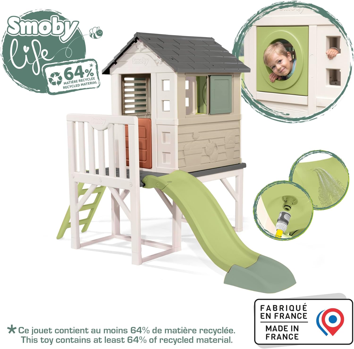 Smoby Life - Maison Pilotis - Plateforme de 70 cm - Echelle, Toboggan - Matière Recyclée - A Partir de 2 Ans - Fabrication Française