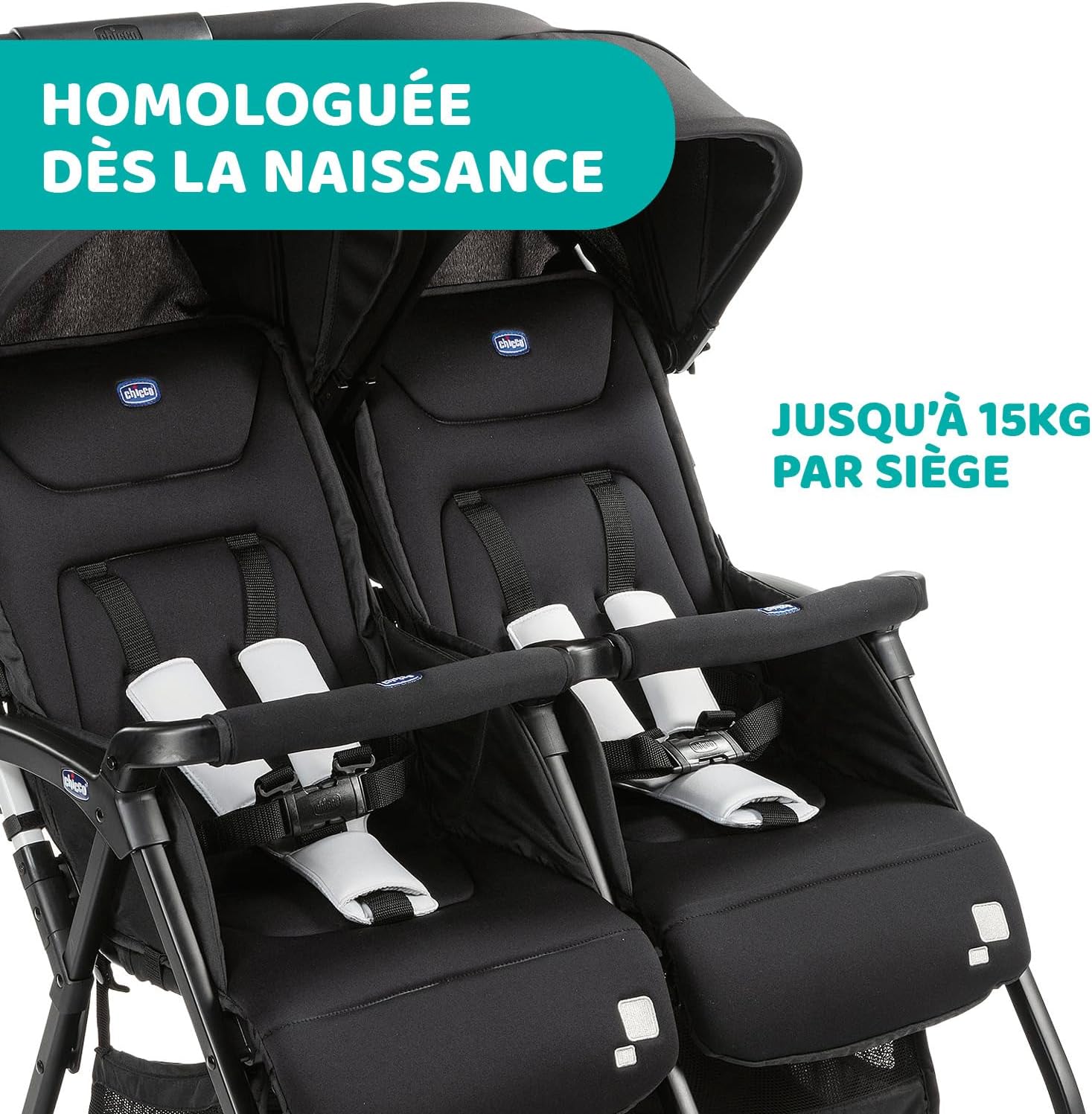 Chicco OHlalà Poussette Double Tandem, Légère Inclinable et Pliable, pour Jumeaux dès la Naissance jusqu’à 15 kg, Fermeture Compacte, Housse de Pluie Incluse, Capote Extensible – Noir