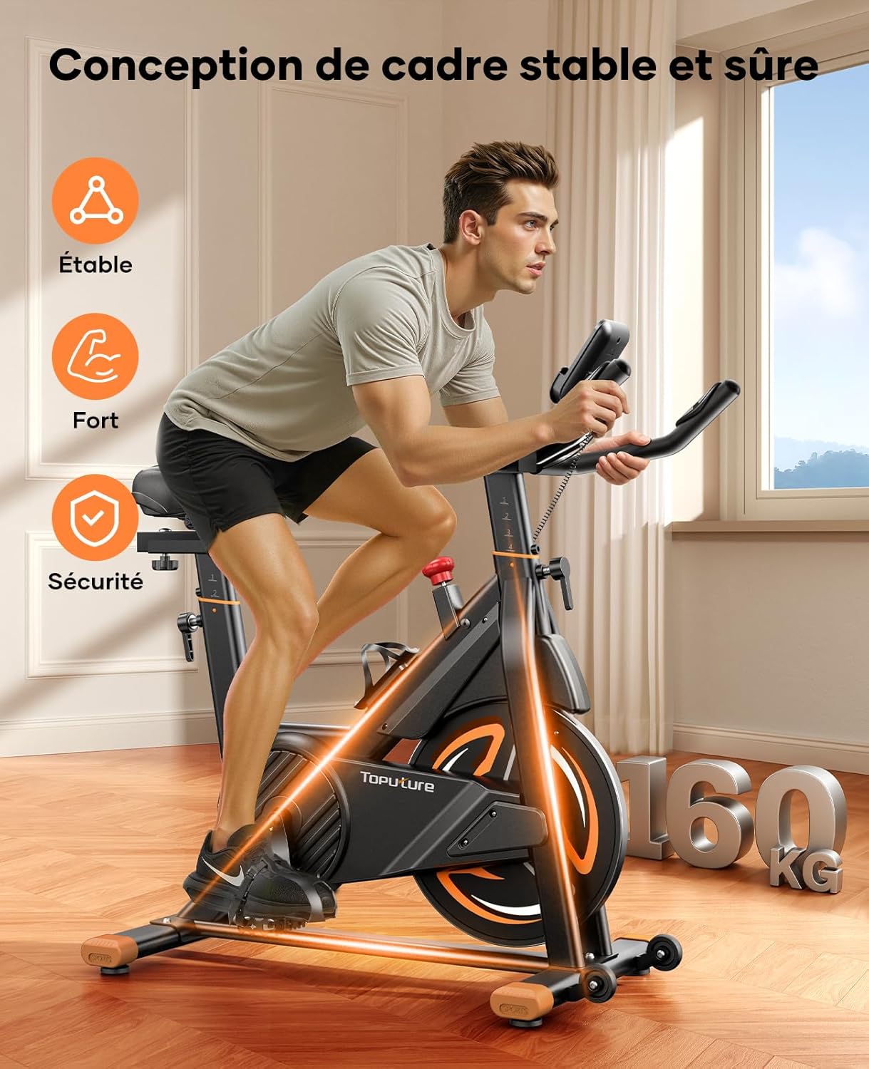 TOPUTURE Velo D Appartement Magnetique, Velo Appartement Connecté APP, Résistance réglable, Vélo d'intérieur avec silencieux, Vélos D'appartement avec fréquence cardiaque Capacité 160KG