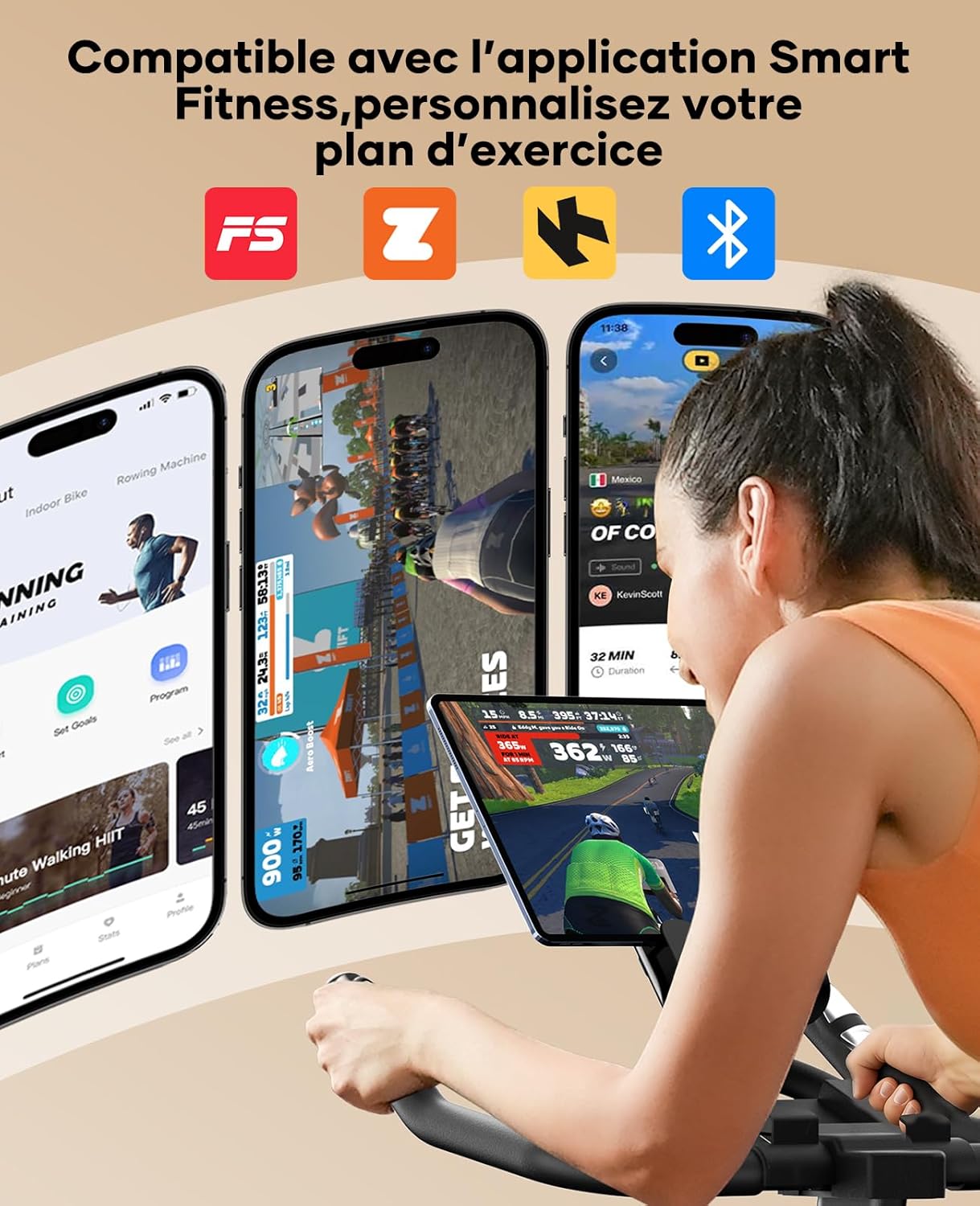 TOPUTURE Velo D Appartement Magnetique, Velo Appartement Connecté APP, Résistance réglable, Vélo d'intérieur avec silencieux, Vélos D'appartement avec fréquence cardiaque Capacité 160KG