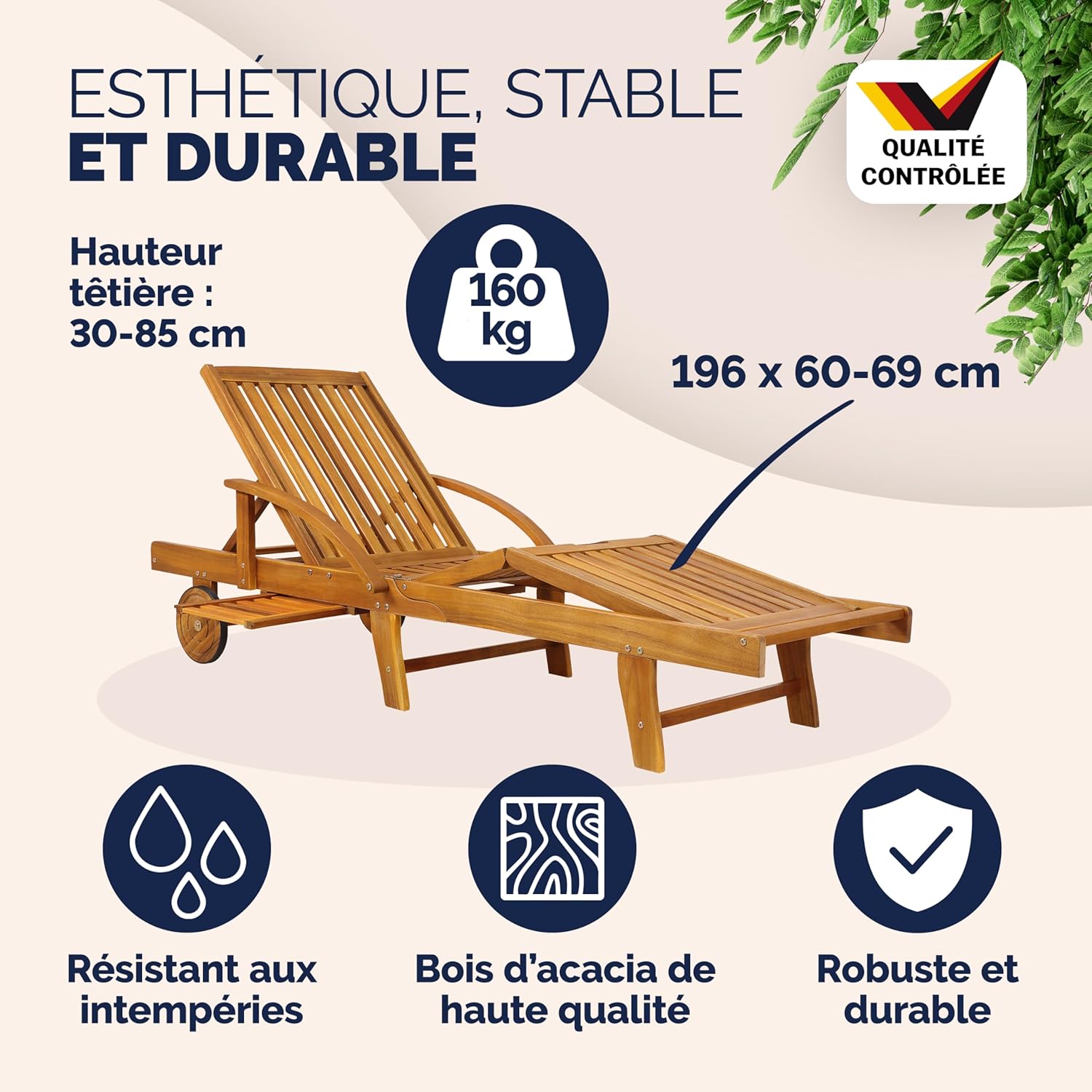 Casaria 2X Chaise Longue Jardin Exterieur Tami Sun en Bois D Acacia Chaise Pliante avec Roues Type Transat Bain De Soleil Chaise Bois pour Salon De Jardin Exterieur