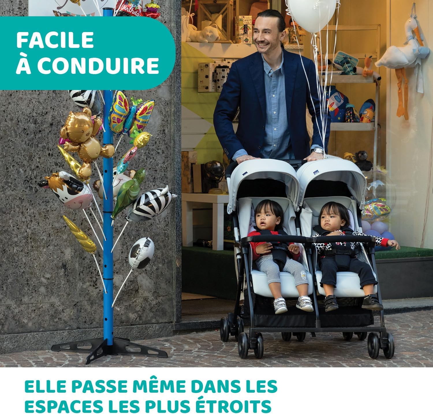 Chicco OHlalà Poussette Double Tandem, Légère Inclinable et Pliable, pour Jumeaux dès la Naissance jusqu’à 15 kg, Fermeture Compacte, Housse de Pluie Incluse, Capote Extensible – Noir