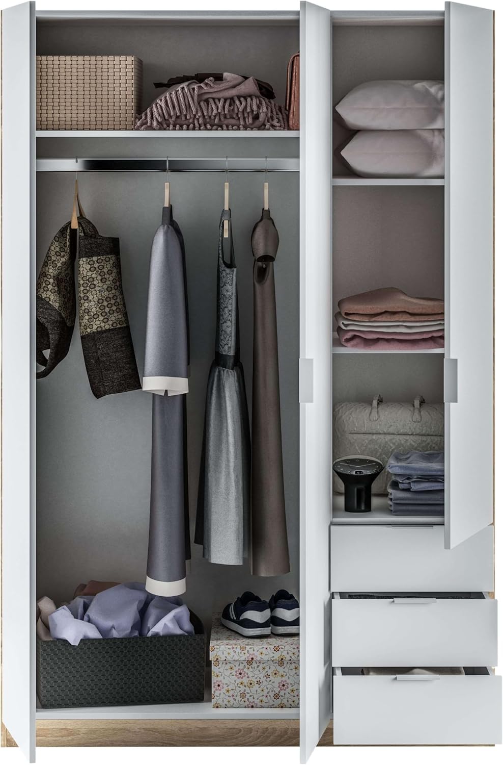 Habitdesign Armoire penderie 3 portes et 3 tiroirs, 121 x 180 x 52 cm (H x l x P) Couleur chêne canadien et Blanc « Artik »