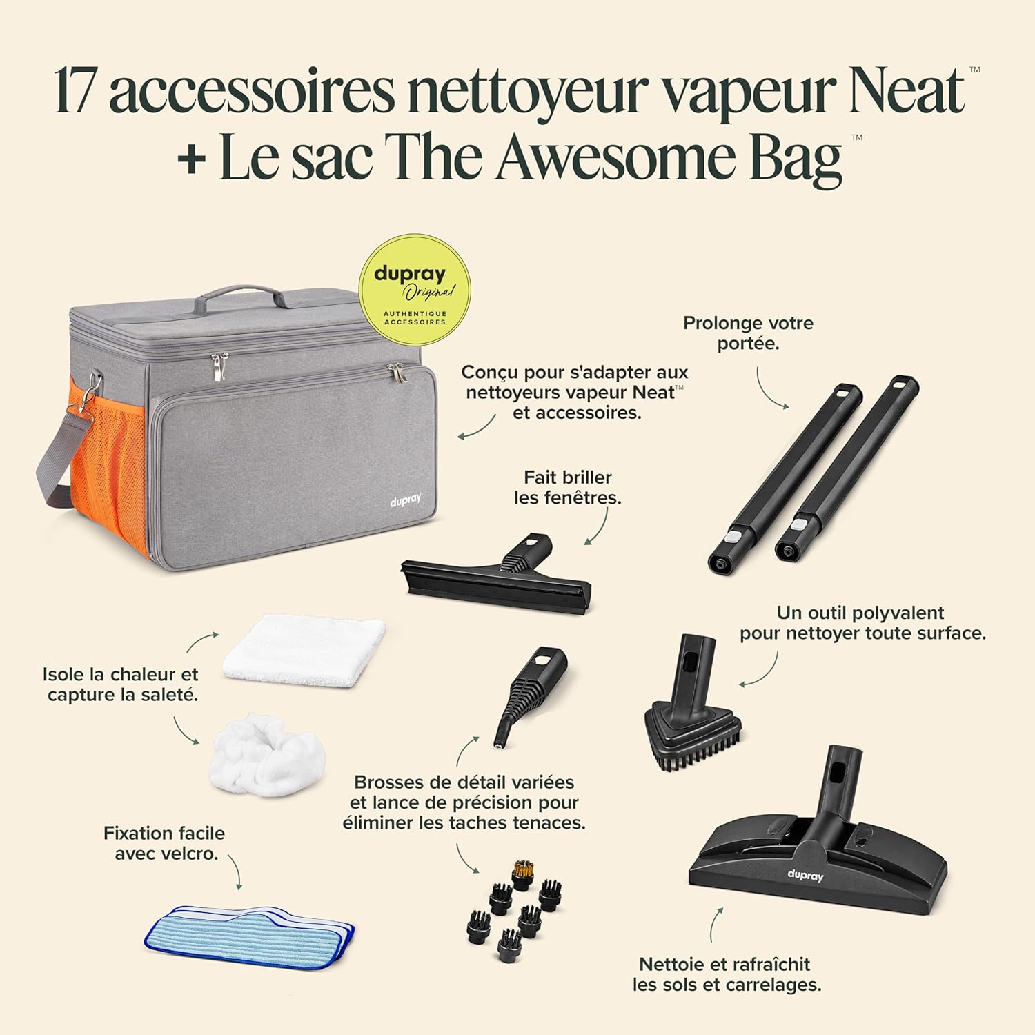 Nettoyeur vapeur Dupray Neat avec kit de 18 accessoires – Nettoyage puissant, sans produits chimiques pour sols, voiture, carrelage, joints et plus (Neat avec le sac de rangement the Awesome Bag)