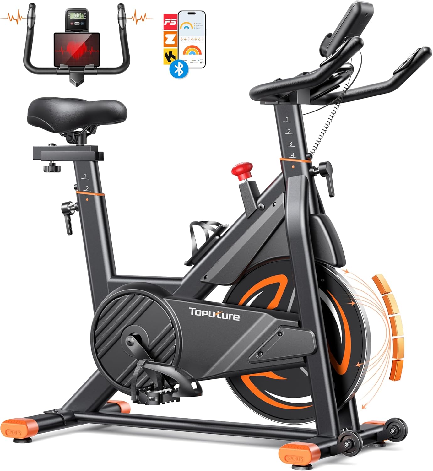 TOPUTURE Velo D Appartement Magnetique, Velo Appartement Connecté APP, Résistance réglable, Vélo d'intérieur avec silencieux, Vélos D'appartement avec fréquence cardiaque Capacité 160KG