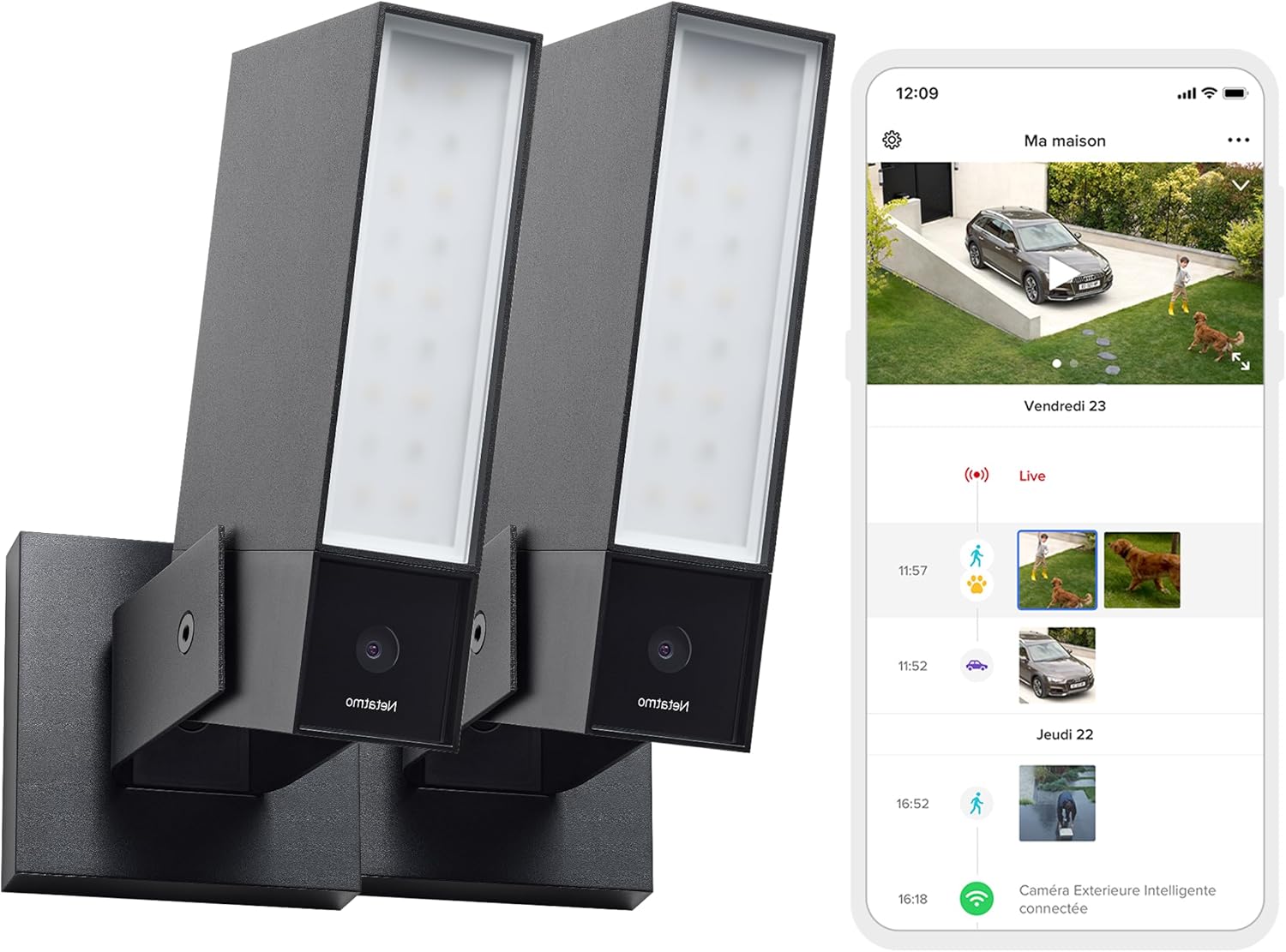 Netatmo Pack 2 Caméras Extérieures, Éclairage Intégré, Détection de Personnes, 1920p, Wi-FI, Voitures et Animaux, Aluminium Noir, NBU-2-NOC-AMZ