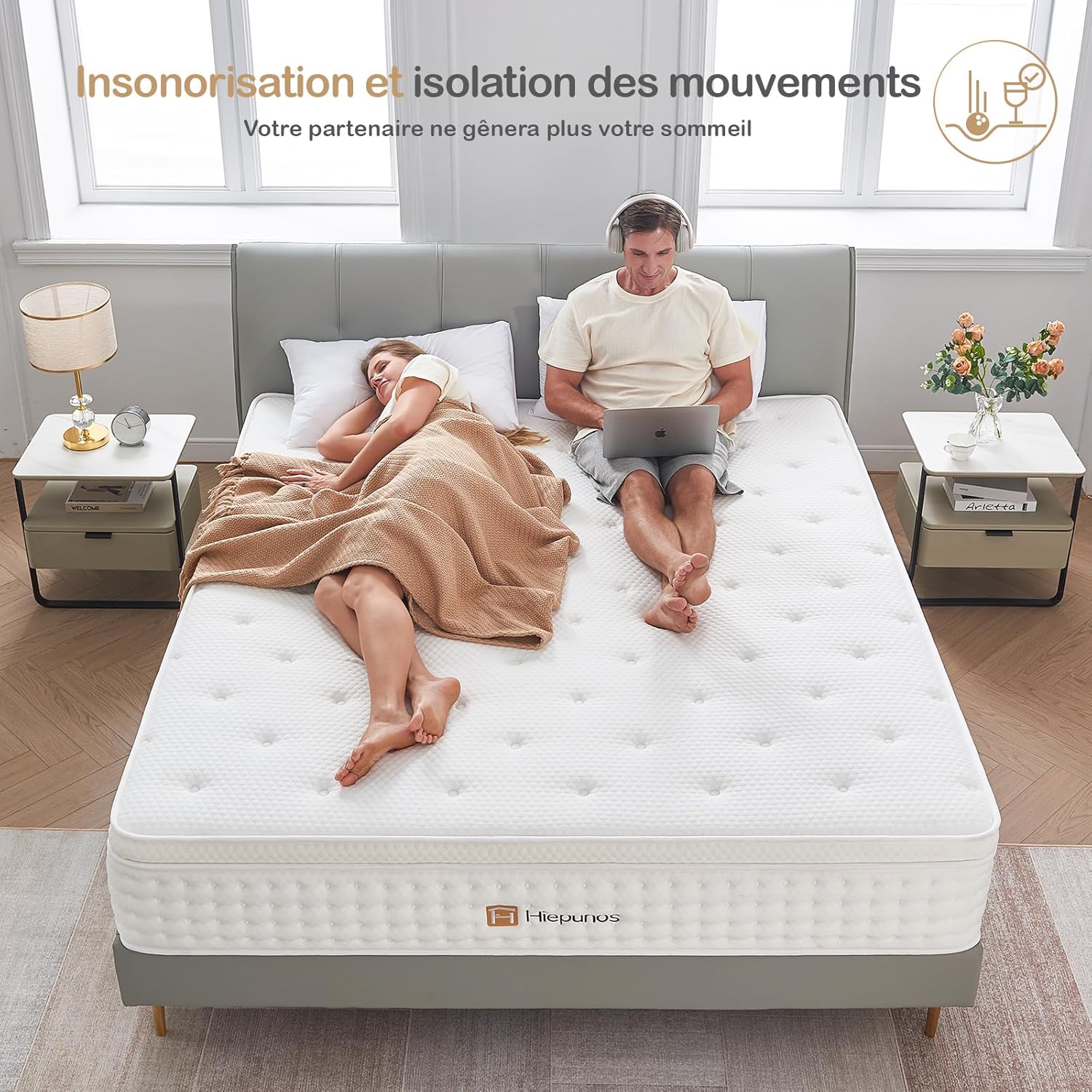 Hiepunos Matelas 180x200 cm, Épaisseur 26cm, Hybride Matelas, Matelas à Ressorts Ensachés et à Mémoire de Forme, H3 Moyenne Ferme, 7 Zones de Confort, Respirant, Soutien Parfait, (Blanc)
